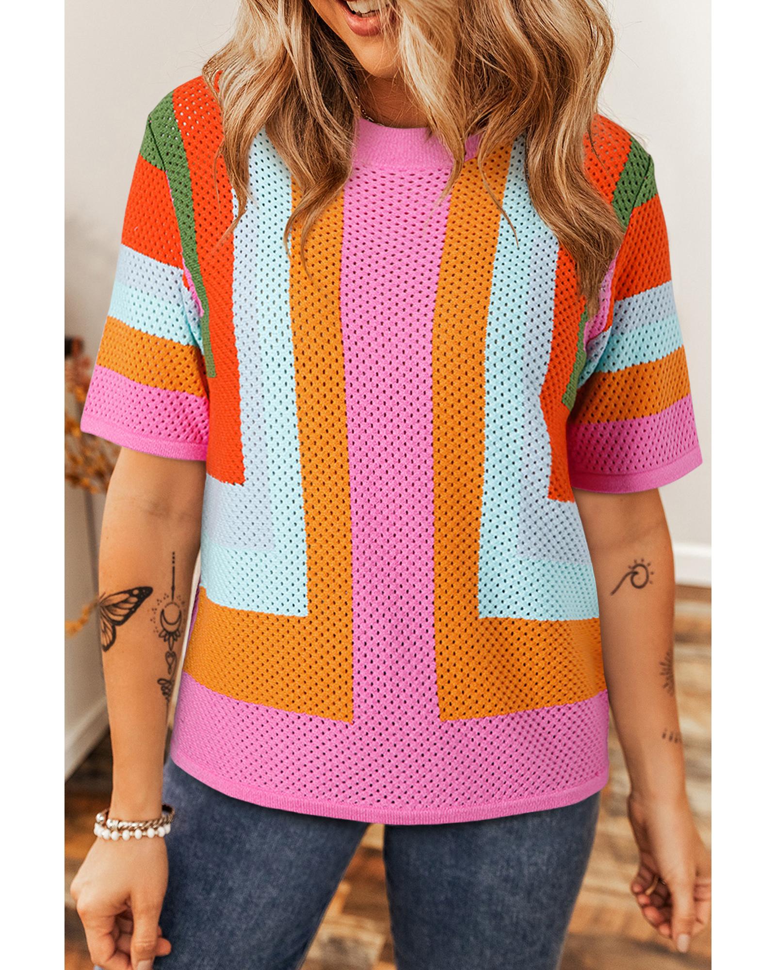 V539-AZEXDC277878-P1422-L-202508281755-00 Orange Color Block Eyelet Casual Sweater T Shirt - L - Image 1