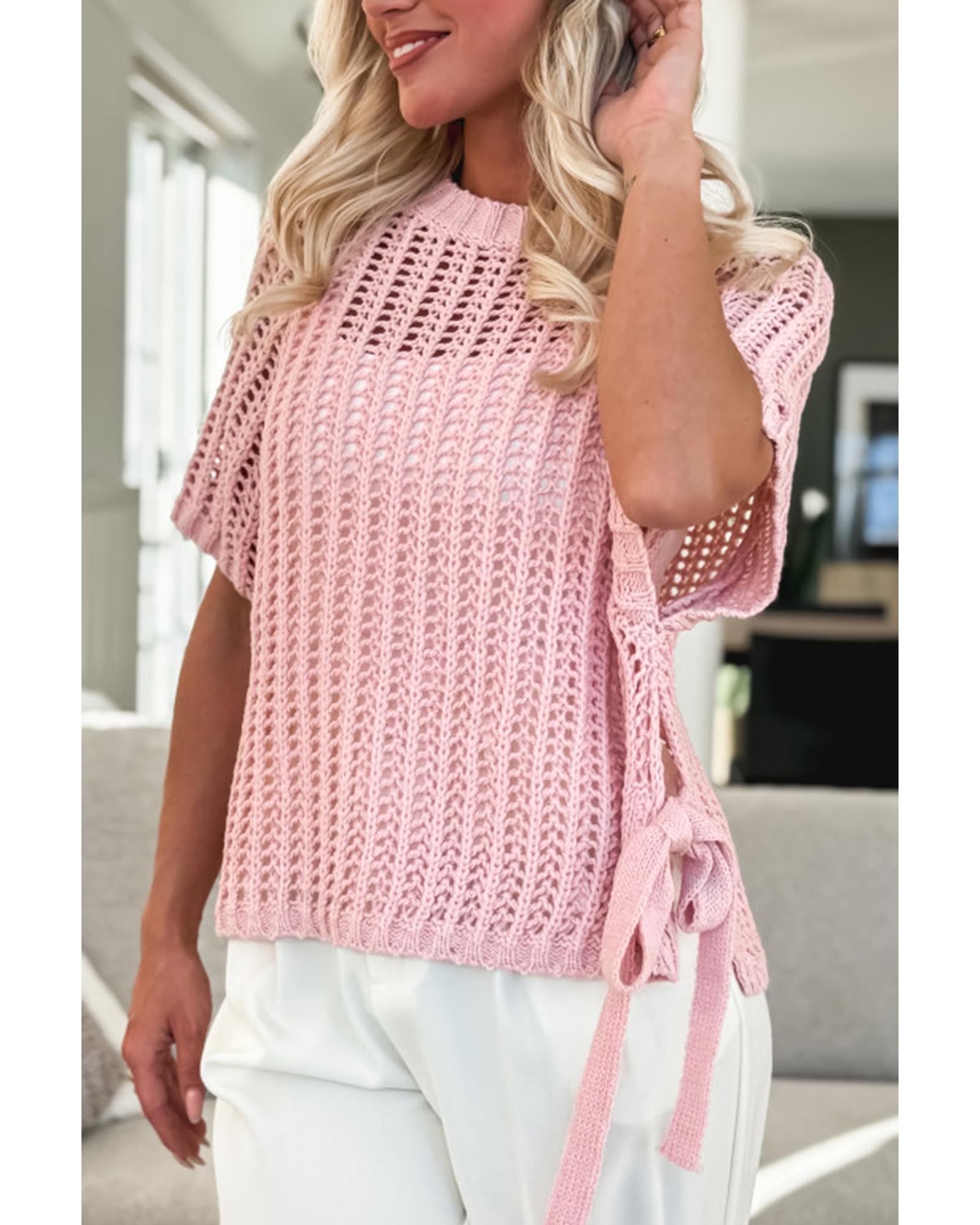 V539-AZEXDC277897-P10-XL-202508291545-00 Pink Hollow-out Crochet Side Tied Short Sleeve Sweater - XL - Image 1