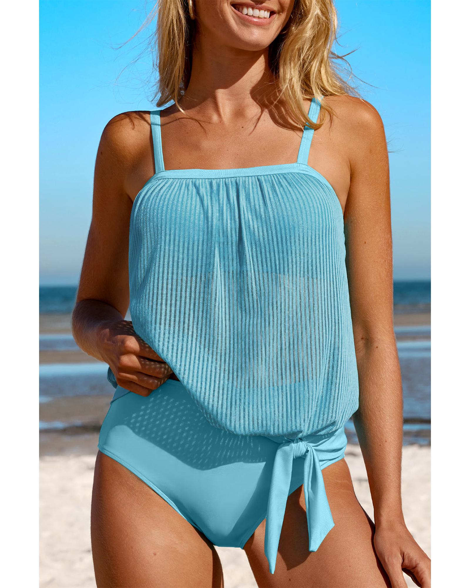 V539-AZEXDC415984-P404-M-202508300215-00 Turquoise Striped Mesh Knotted Hem Tankini Swimsuit - M - Image 1