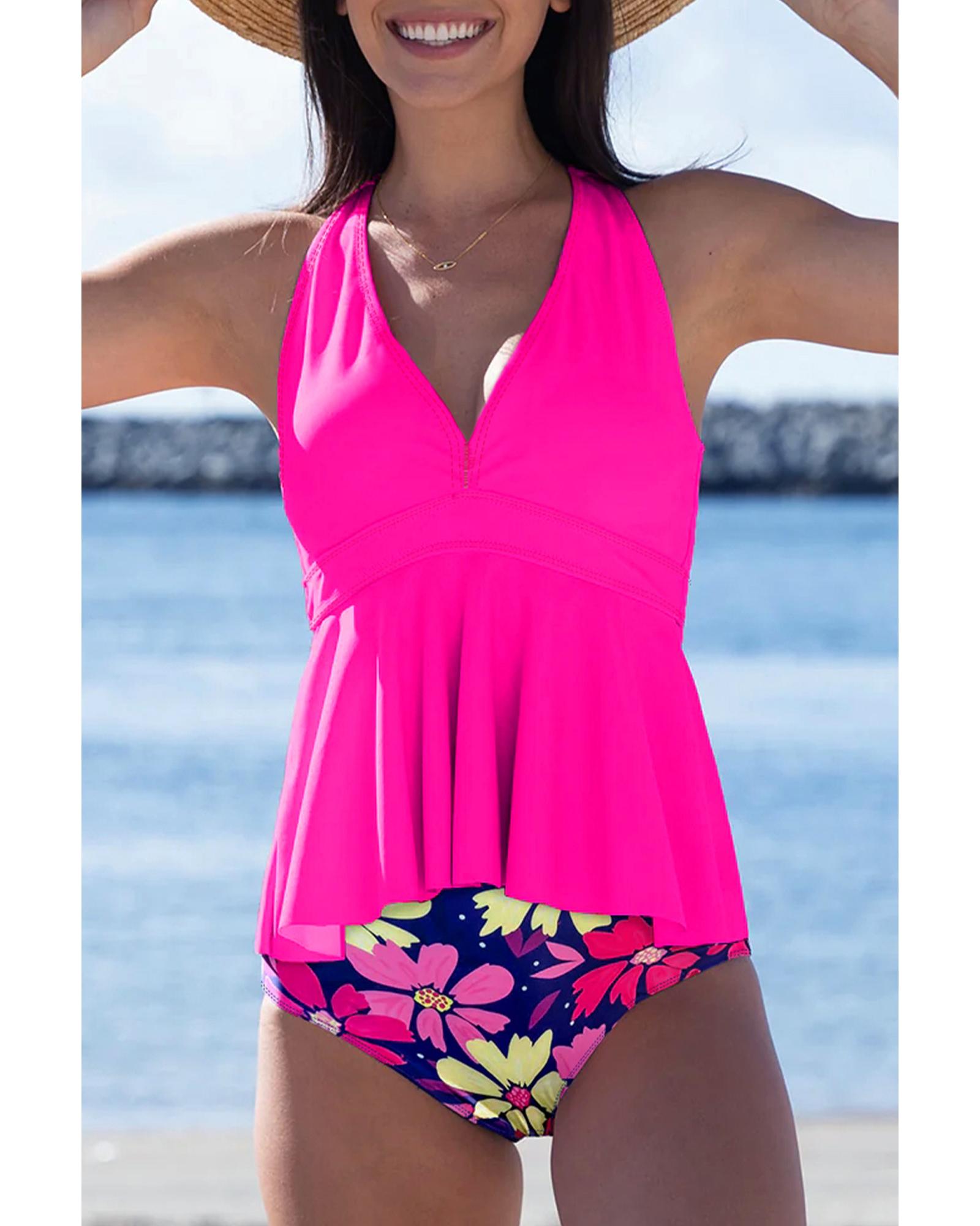V539-AZEXDC416229-P620-S-202506140711-00 Rose V Neck Ruffled Hem Floral Bottom Tankini Set - S - Image 1