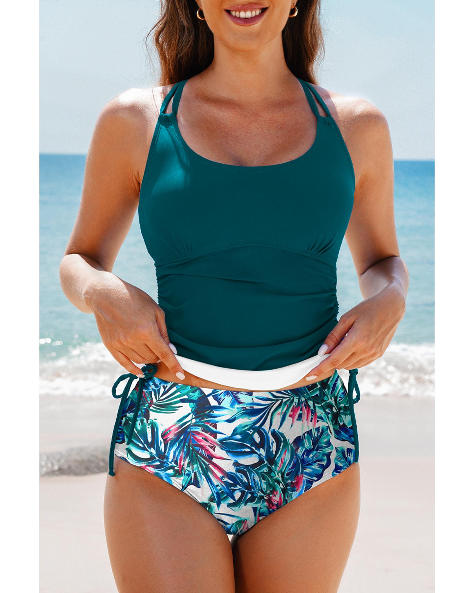 V539-AZEXDC416262-P1709-S-202506140725-00 Sea Green Drawstring Tummy Control Mix-and-match 2pcs Tankini Swimsuit - S - Image 1