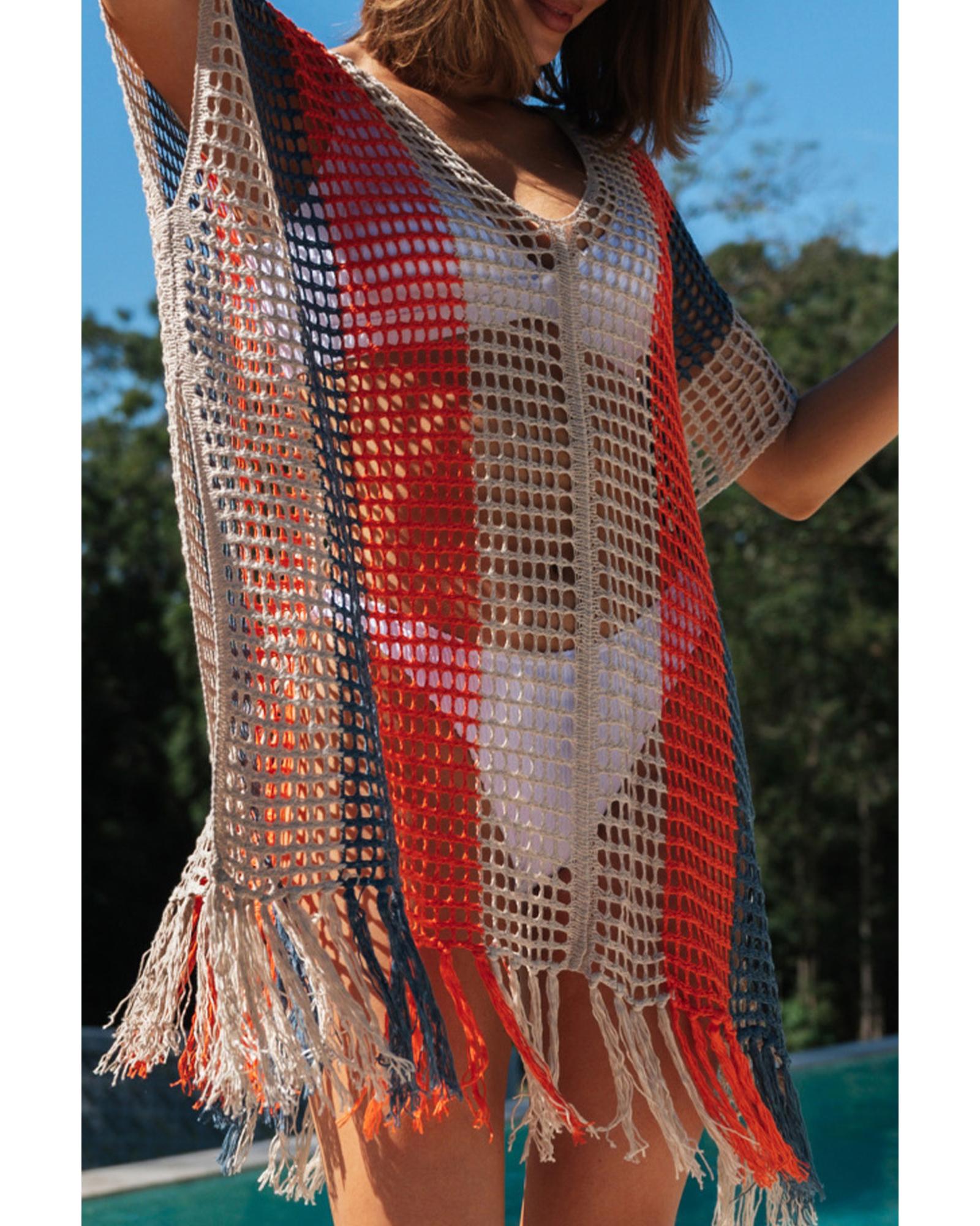 V539-AZEXDC421749-22-S-202506140811-00 Multicolor Striped Tassel Crochet V Neck Beach Cover Up - S - Image 1