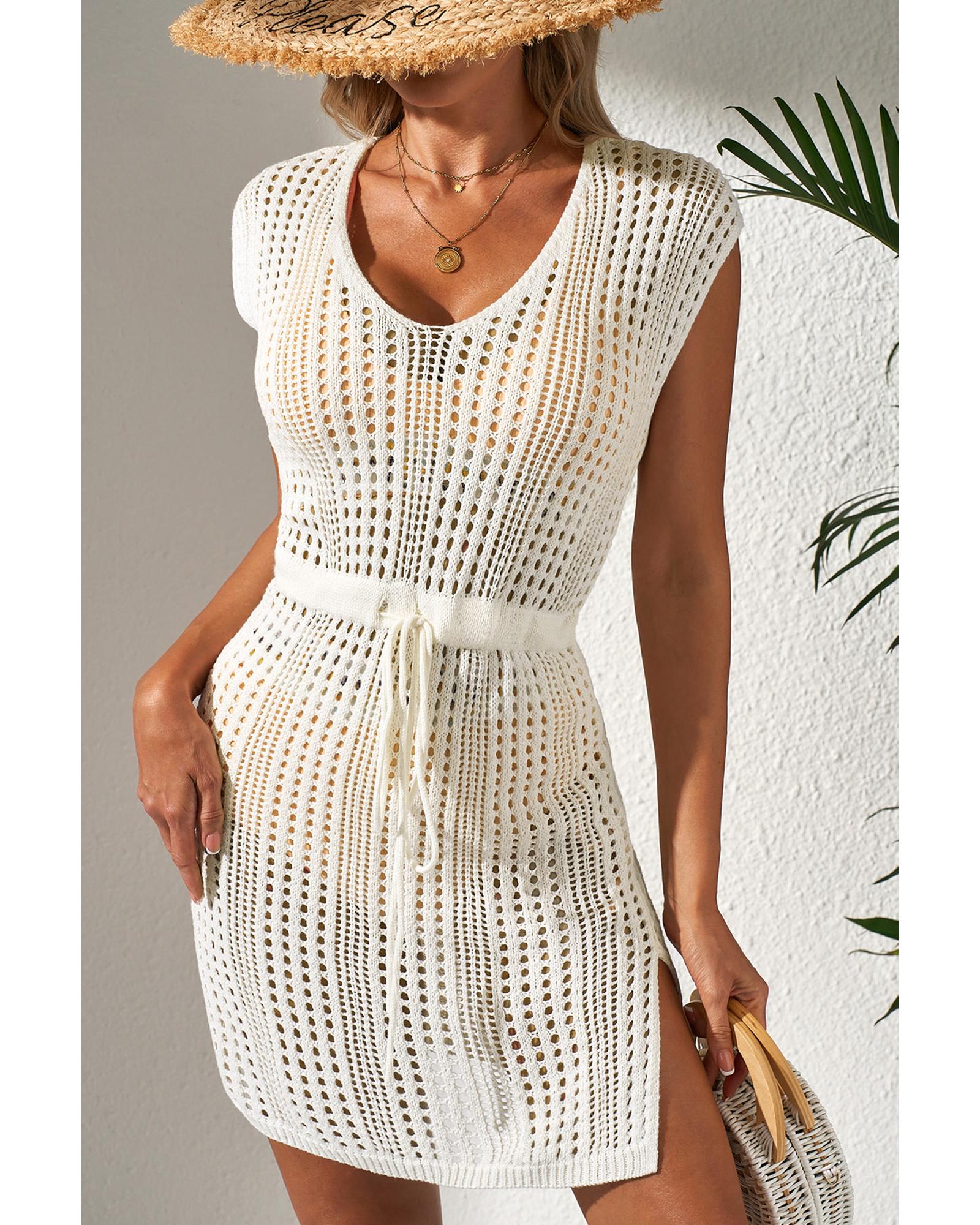 V539-AZEXDC422124-P15-L-202508280700-00 Beige Open Knit Drawstring Waist Beach Dress - L - Image 1