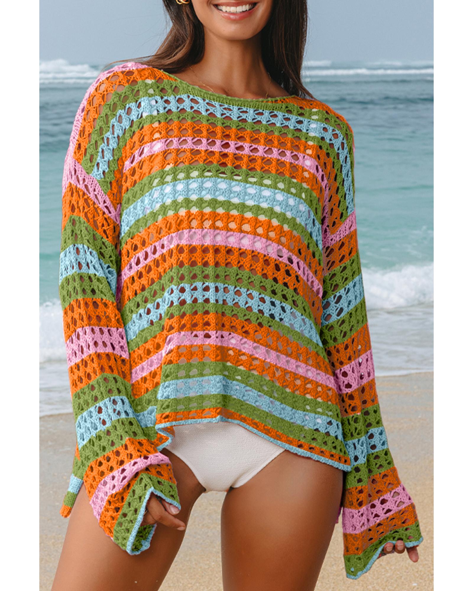 V539-AZEXDC422292-P1014-S-202506140845-00 Carrot Multi Stripe Open Knit Sweater Beach Cover Up - S - Image 1