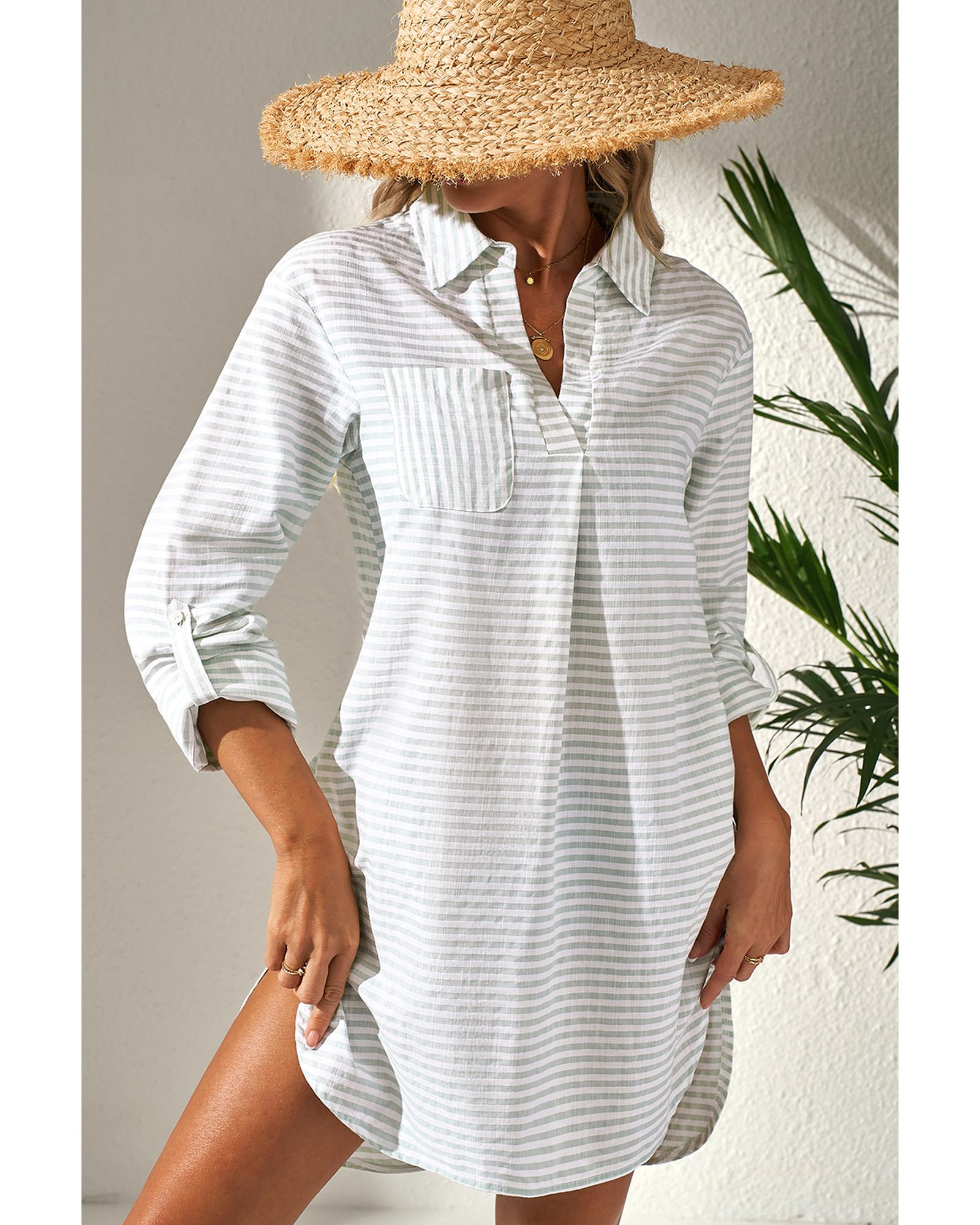 V539-AZEXDC422466-P119-M-202508280400-00 White Stripe Collared V Neck Chest Pocket Long Sleeve Beach Cover up - M - Image 1