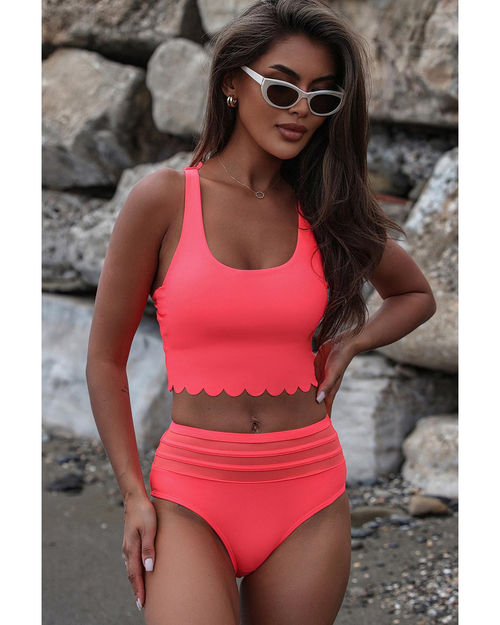 V539-AZEXDC433616-10-S-202506140916-00 Azura Exchange Pink Scalloped Criss Cross High Waist Bikini - S - Image 1