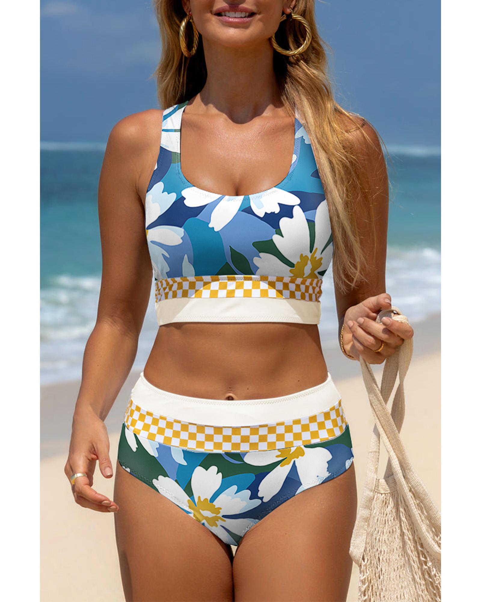 V539-AZEXDC434732-P920-L-202508300225-00 Green Floral Print Racerback Cutout High Waist 2pcs Bikini - L - Image 1