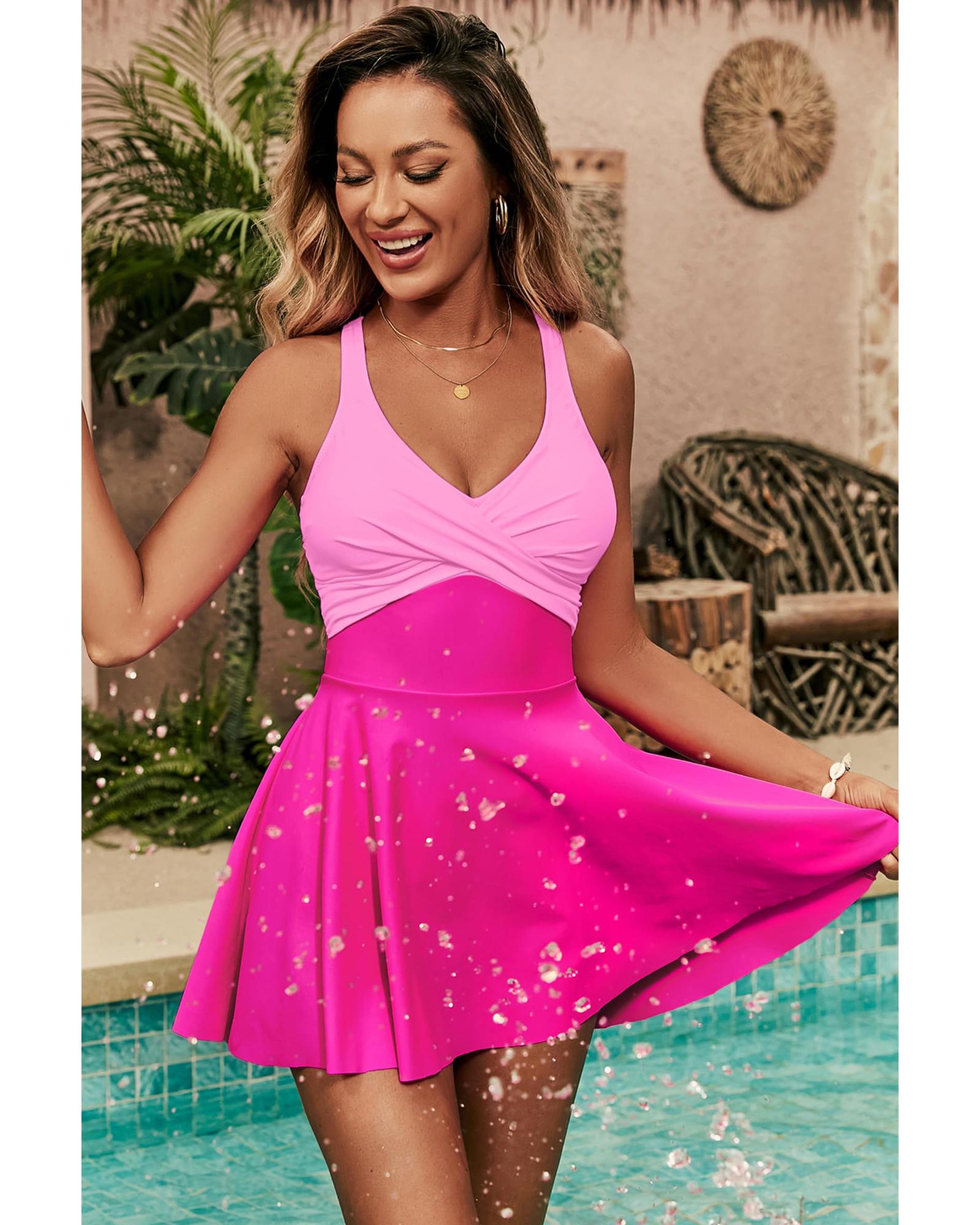 V539-AZEXDC443825-P6-XL-202508300000-00 Rose Red Crisscross Straps Tie Back Flared One Piece Swimsuit - XL - Image 1