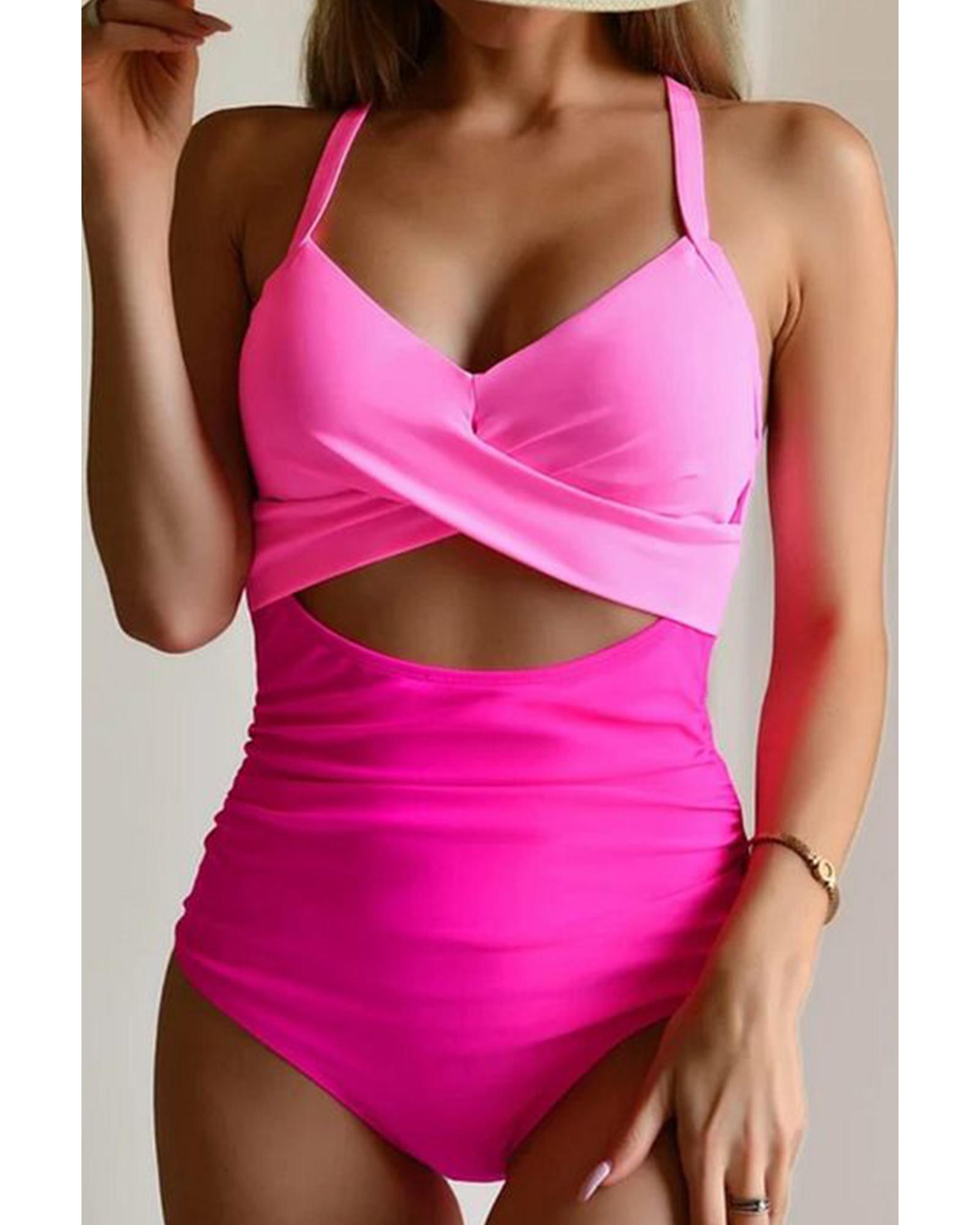 V539-AZEXDC443893-P1022-XL-202508282000-00 Pink 2-tone Crossed Cutout Backless Monokini - XL - Image 1