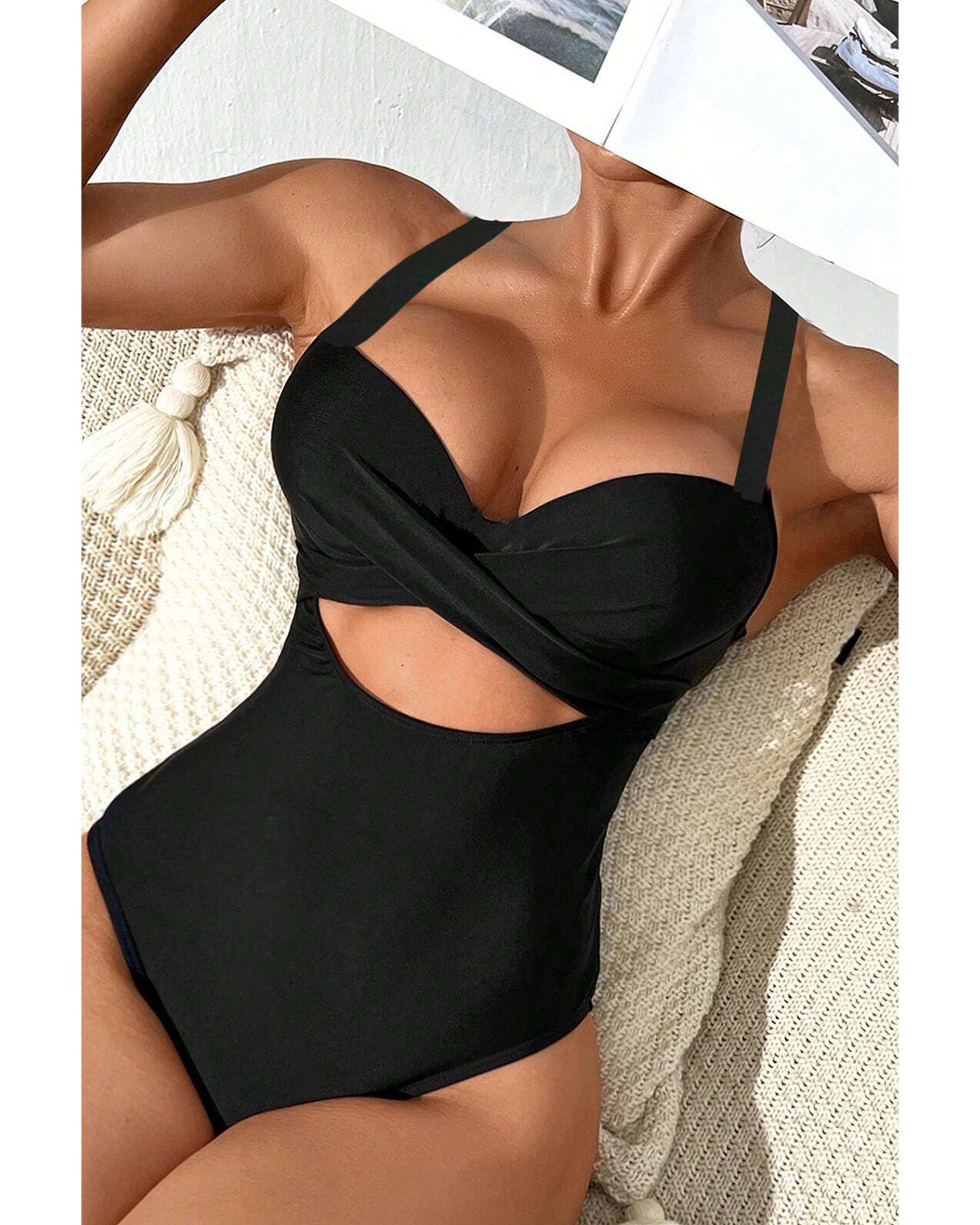 V539-AZEXDC443893-P2-S-202506140816-00 Black 2-tone Crossed Cutout Backless Monokini - S - Image 1