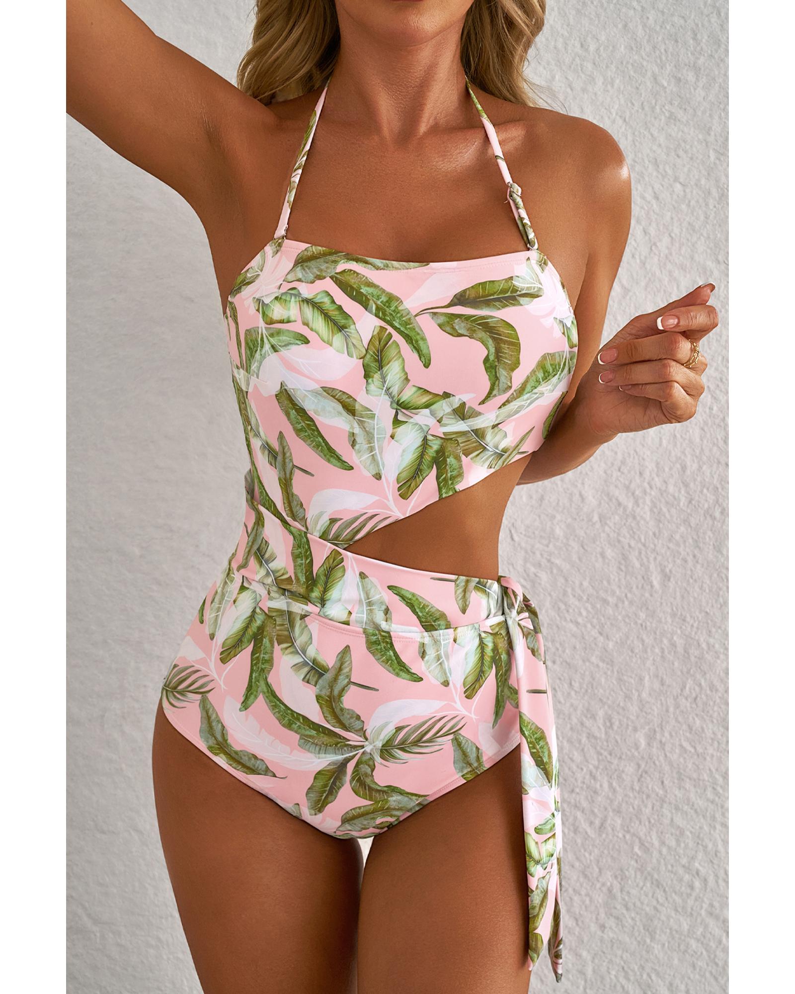 V539-AZEXDC443937-P1020-XL-202508300545-00 Pink Tropical Asymmetric Cut out Halter Backless One Piece Swimwear - XL - Image 1