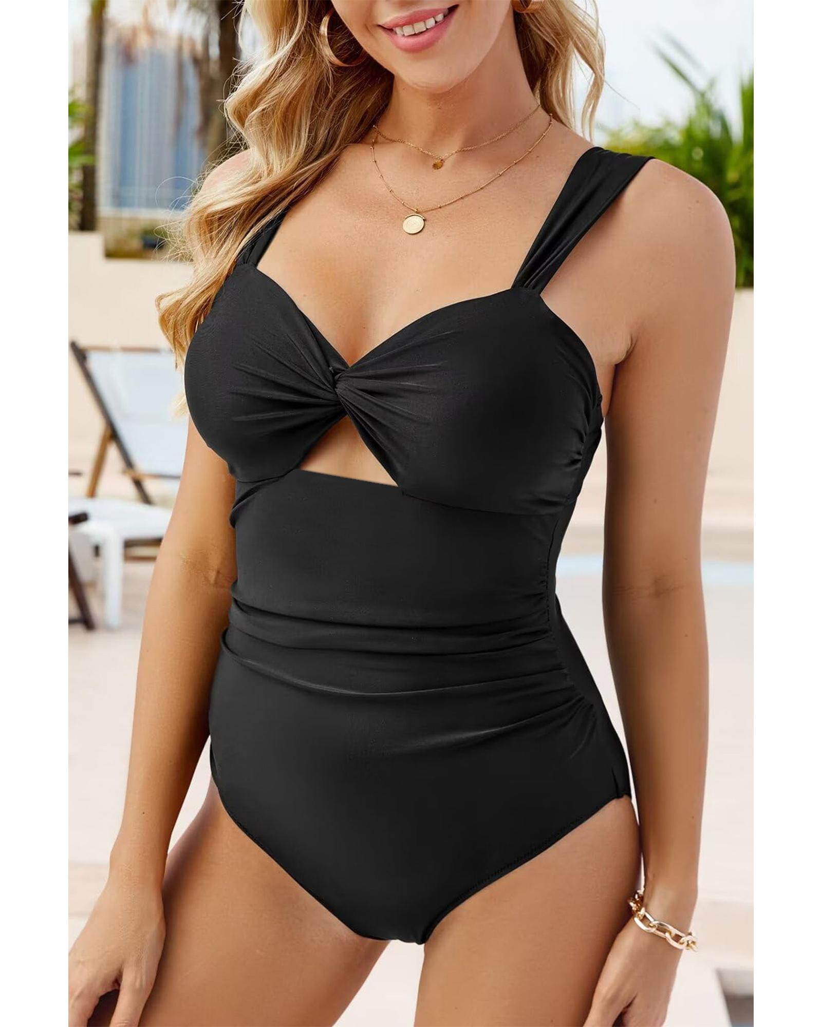 V539-AZEXDC444112-P2-L-202508281415-00 Black Cut out Twist Bowknot Backless One Piece Swimsuit - L - Image 1