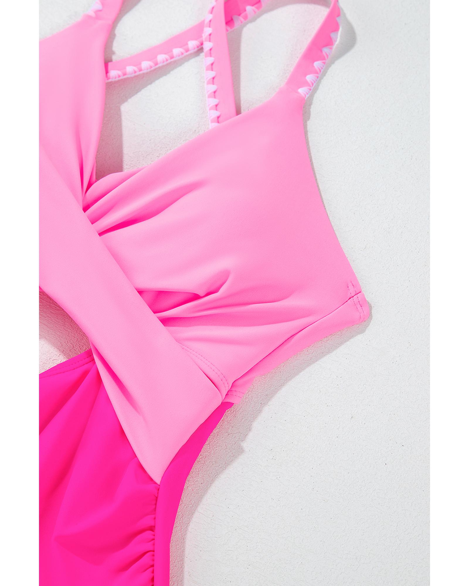 V539-AZEXDC444337-P6-L-202508292035-00 Rose Red Ric Rac Trim Contrasted Patchwork Cutout One Piece Swimsuit - L - Image 1