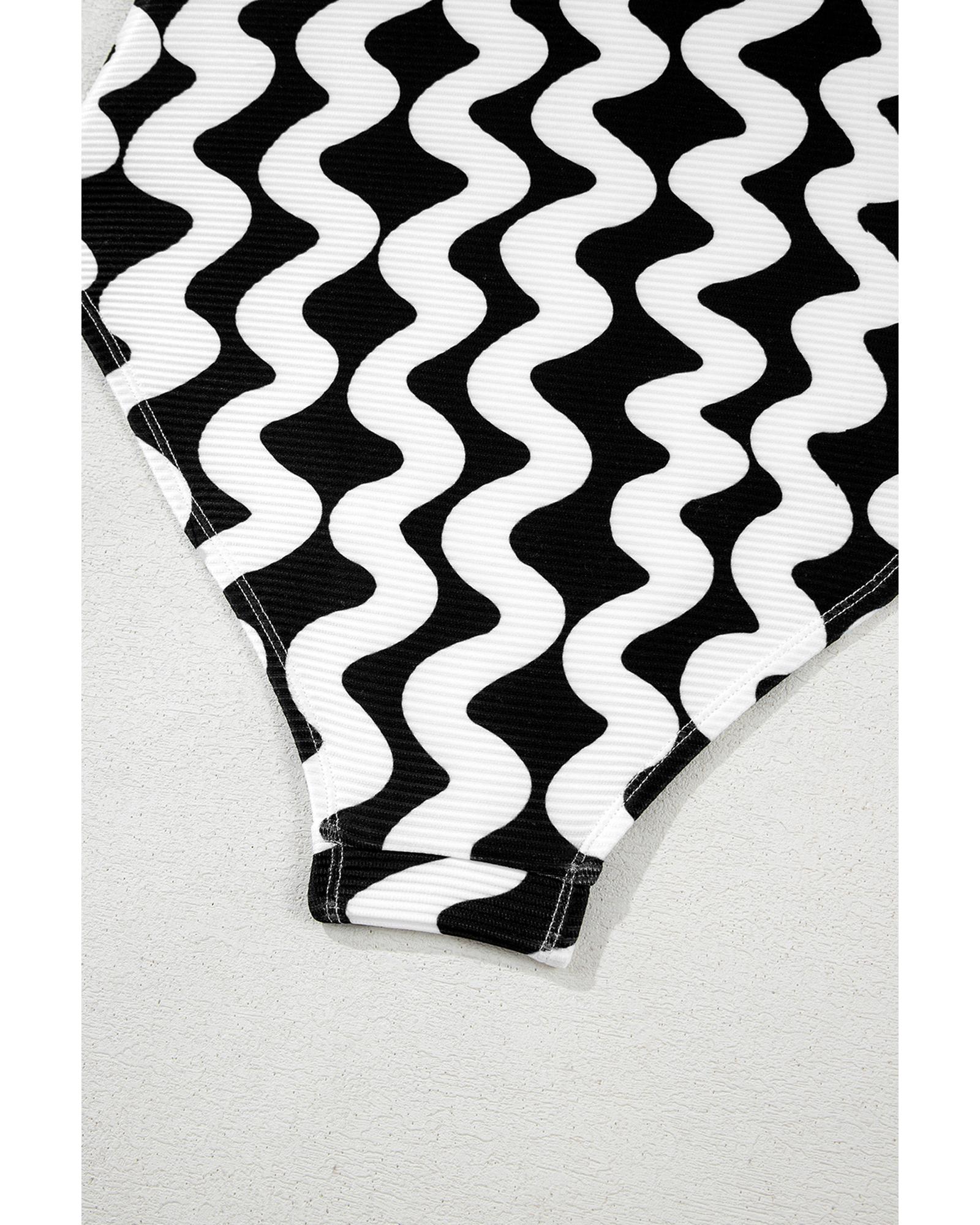 V539-AZEXDC444613-P219-M-202508280650-00 Black Stripe Bowknot Ricrac Print V Neck Low Back Cut One Piece Swimsuit - M - Image 1