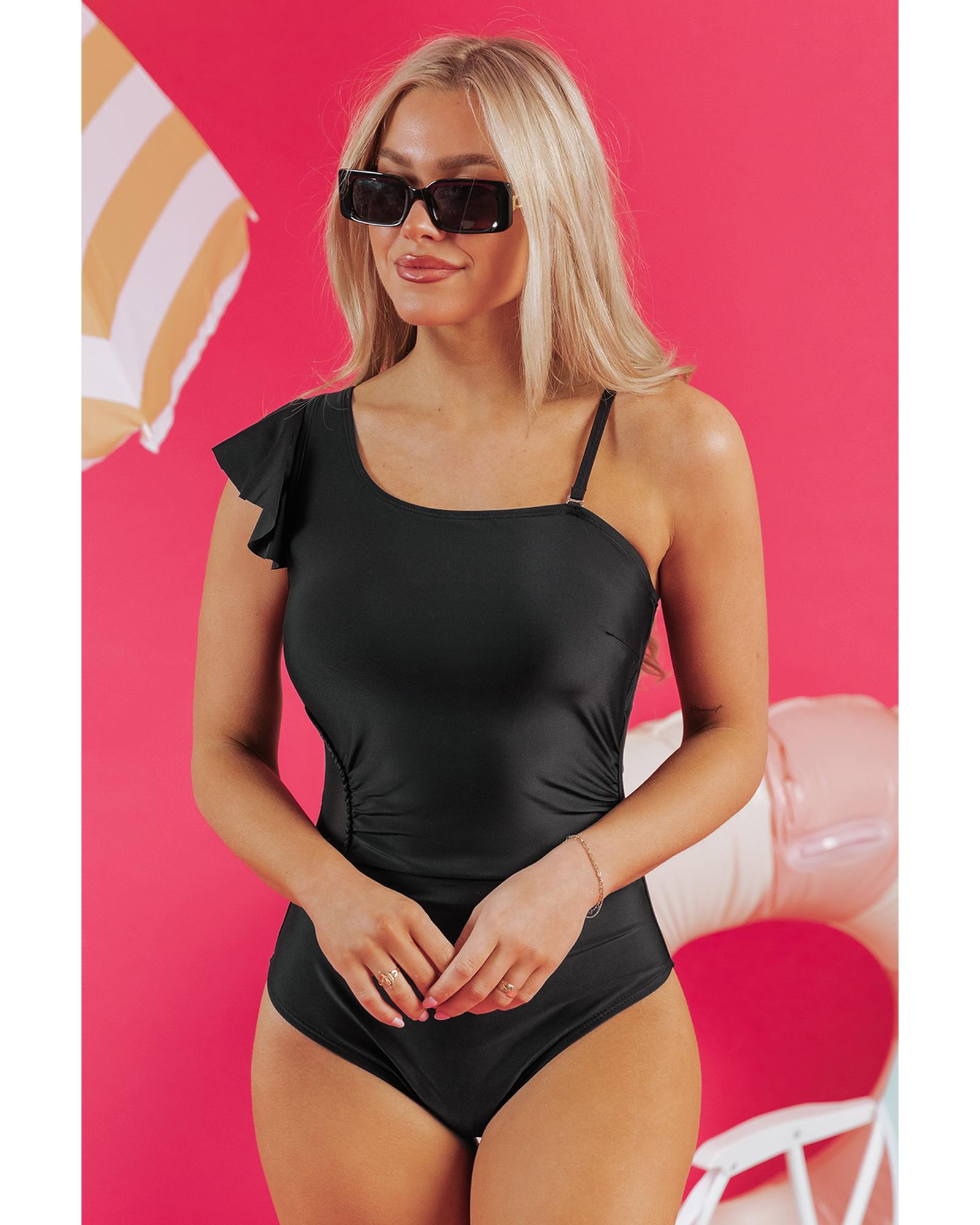 V539-AZEXDC444624-P2-S-202508282125-00 Black Asymmetric Ruffle Shoulder Pleated One Piece Swimsuit - S - Image 1