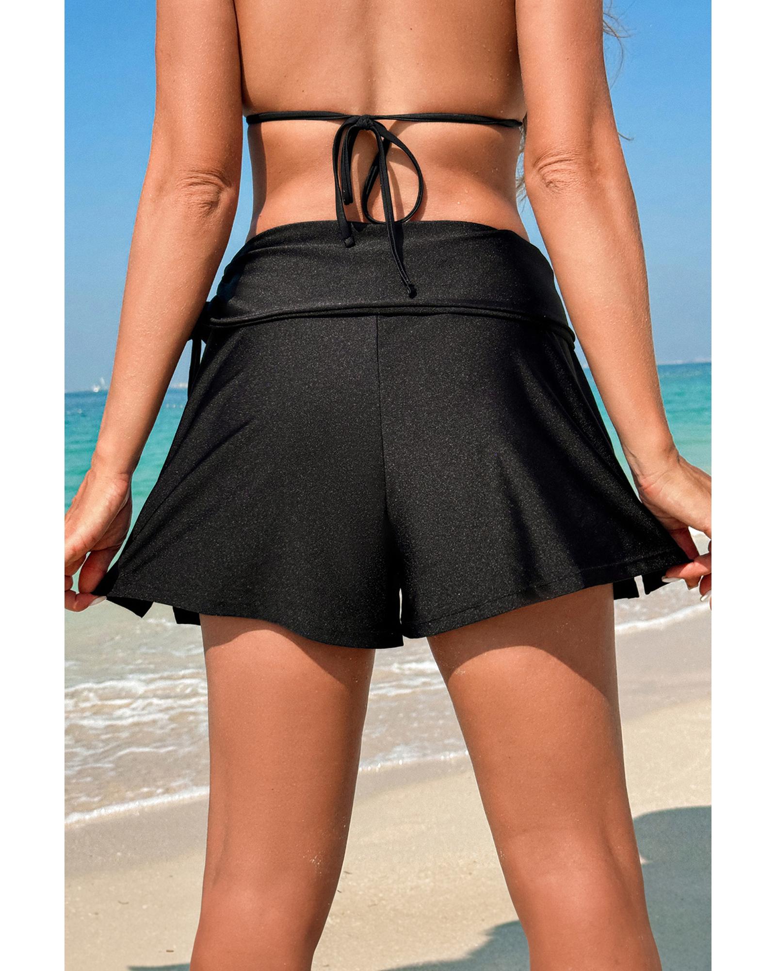 V539-AZEXDC472390-P2-XL-202508280420-00 Black Drawstring Ruched High Waist Loose Swim Shorts - XL - Image 1