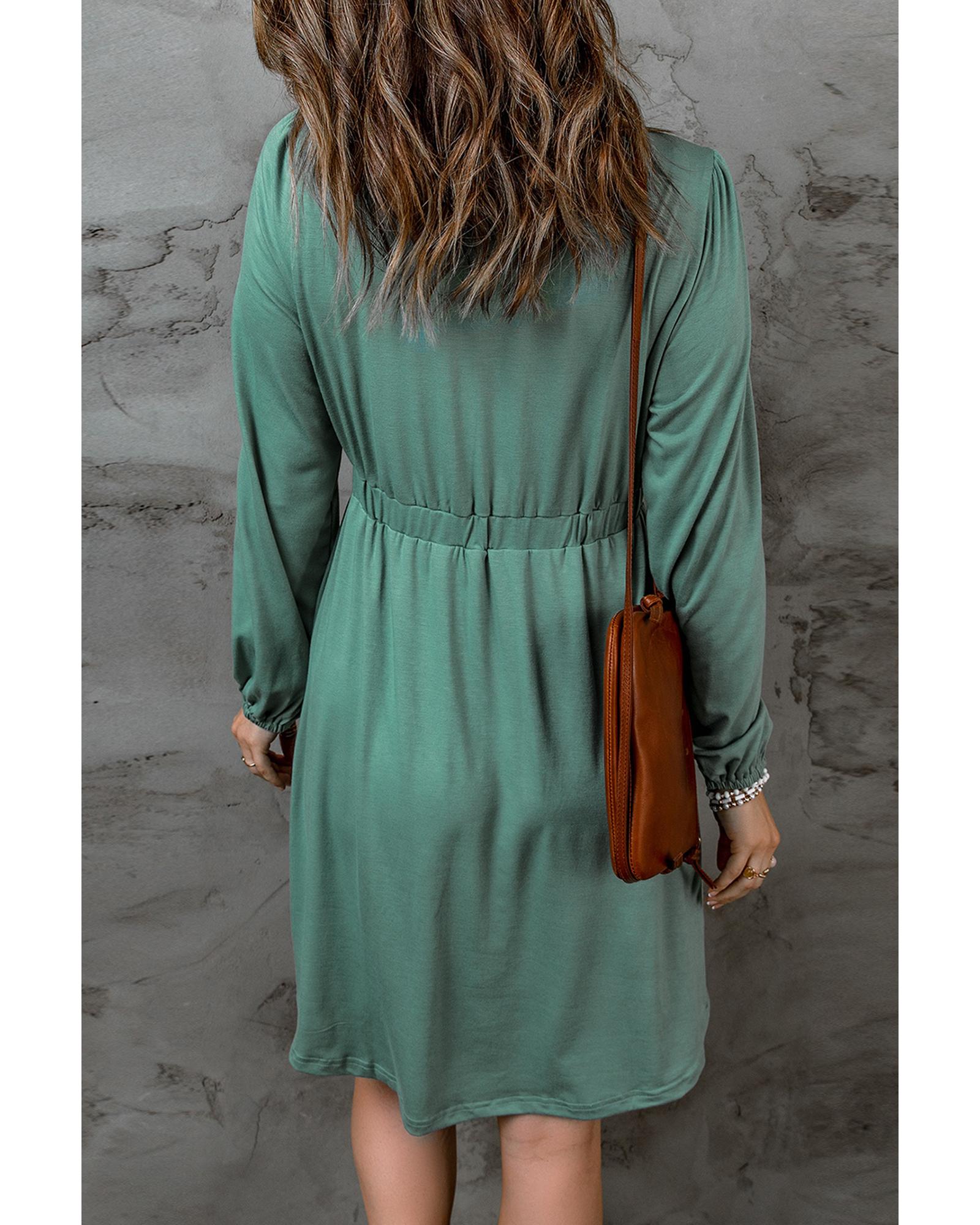 V539-AZEXDC6111416-9-L-202508280150-00 Green Button Up High Waist Long Sleeve Dress - L - Image 1