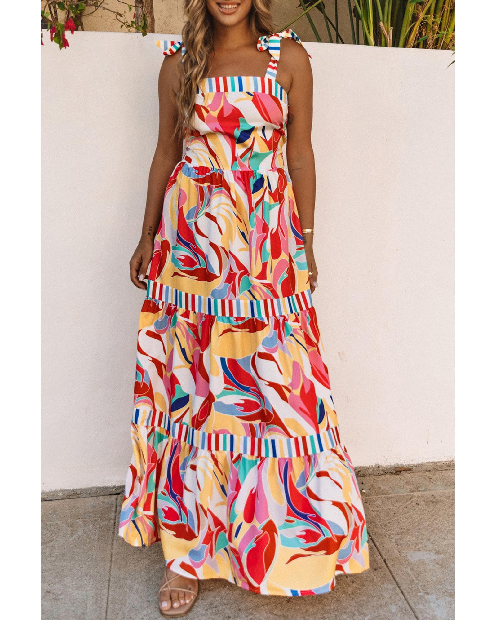 V539-AZEXDC6112858-22-S-202508290125-00 Multicolor Abstract Print Striped Trim Maxi Sundress - S - Image 1