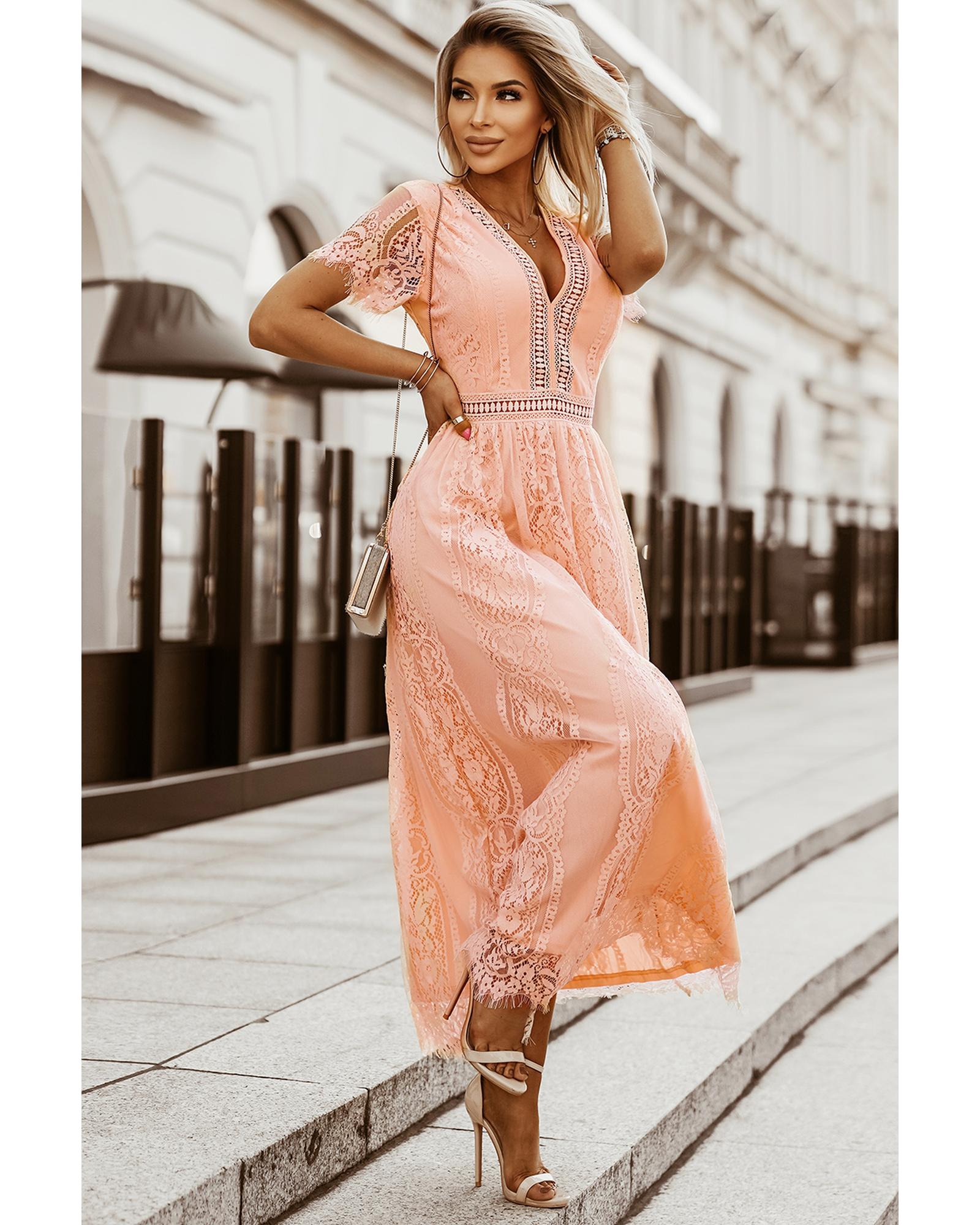 V539-AZEXDC611316-10-L-202508291855-00 Pink Blue Fill Your Heart Lace Maxi Dress - L - Image 1