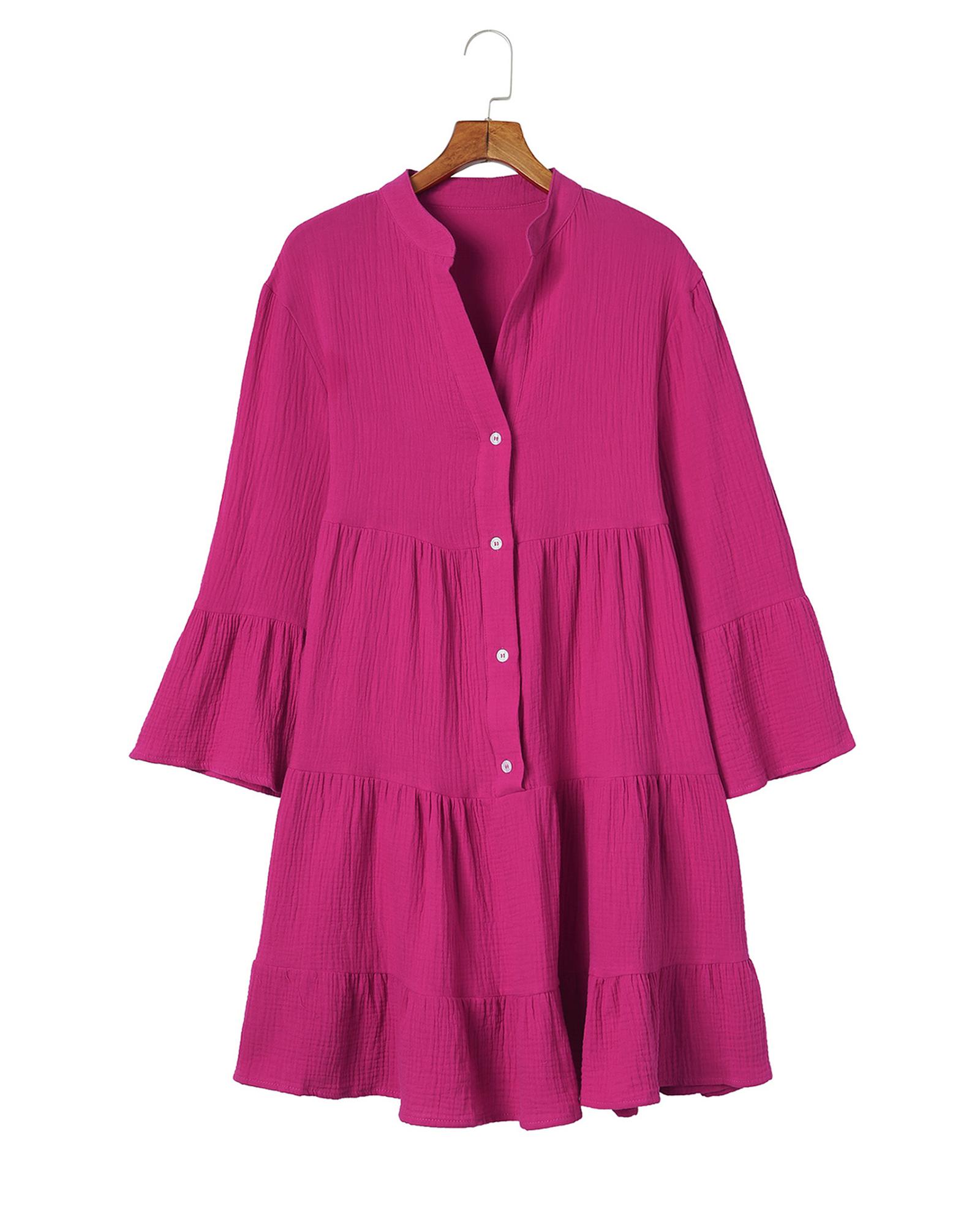 V539-AZEXDC6116628-6-XL-202508280745-00 Rose Crinkled Tiered Split Neck Shirt Dress - XL - Image 1