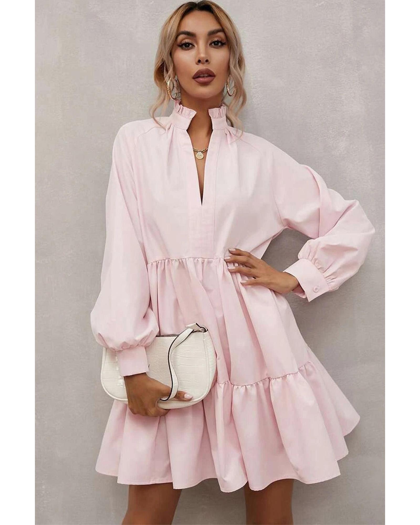 V539-AZEXDC6117133-10-XL-202508300420-00 Pink Frilled Stand Collar Long Sleeve Ruffle Dress - XL - Image 1