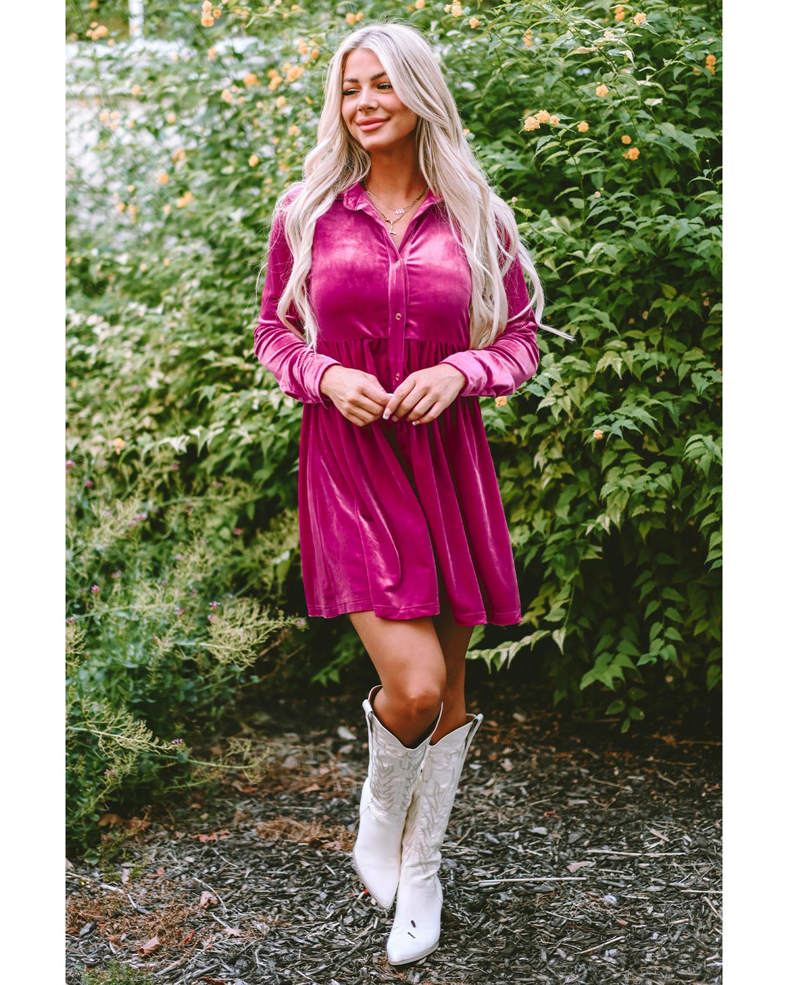 V539-AZEXDC6117352-6-M-202508281505-00 Azura Exchange Rose Long Sleeve Ruffle Velvet Button Up Dress - M - Image 1