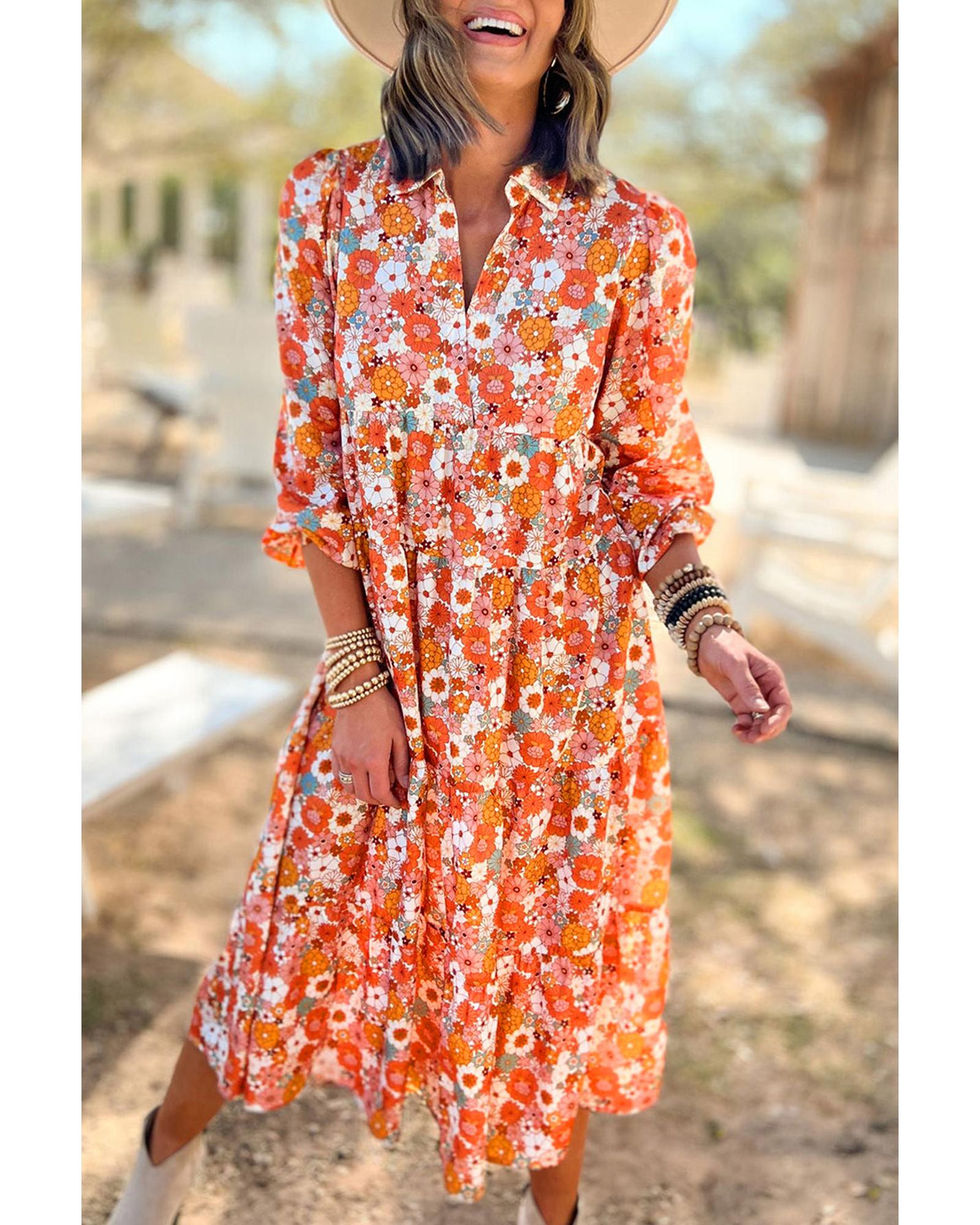 V539-AZEXDC6117560-22-S-202506141127-00 Azura Exchange Multicolor Boho Floral Collared Long Sleeve Ruffled Dress - S - Image 1