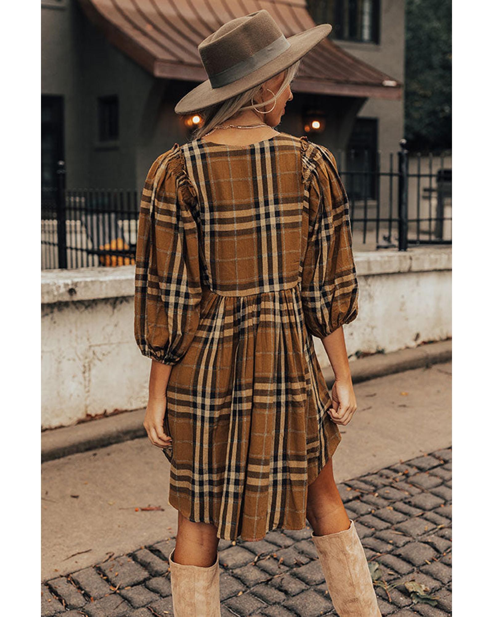 V539-AZEXDC6117629-17-L-202508300435-00 Brown Plaid Pattern Empire Waist Babydoll Dress - L - Image 1