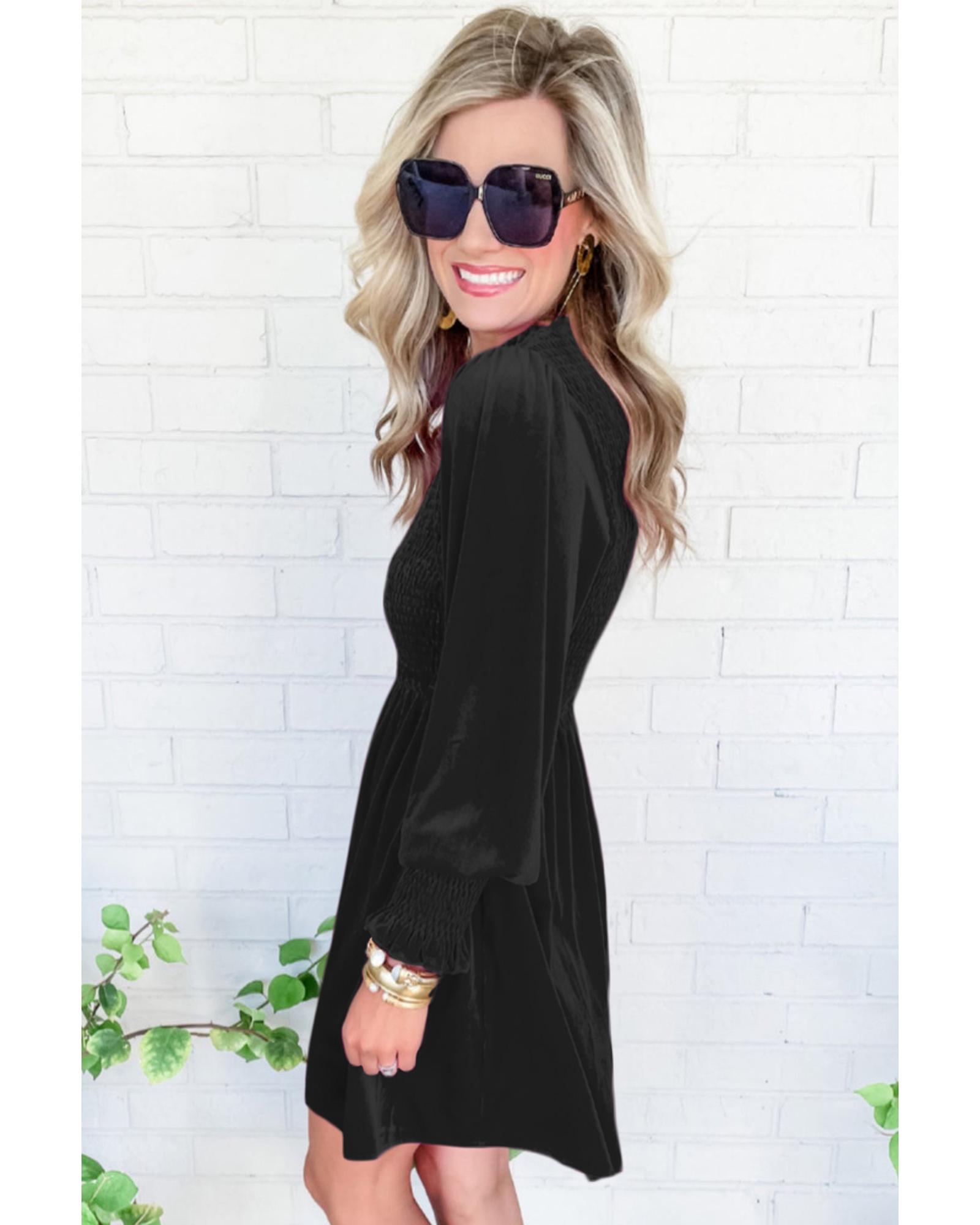 V539-AZEXDC6118065-P2-M-202508290030-00 Black Frilled Neck Smocked Bodice Velvet Dress - M - Image 1