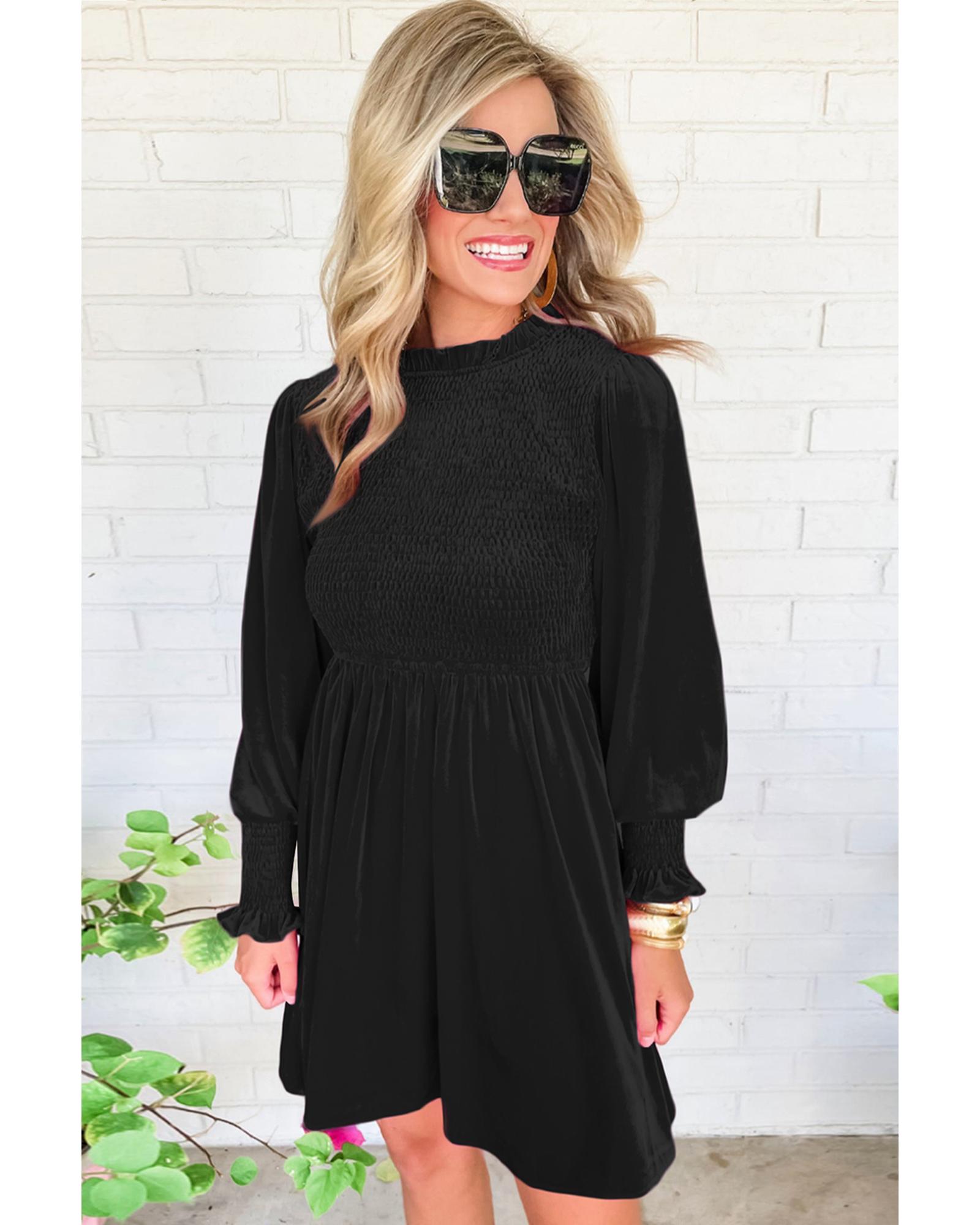 V539-AZEXDC6118065-P2-S-202508290135-00 Black Frilled Neck Smocked Bodice Velvet Dress - S - Image 1