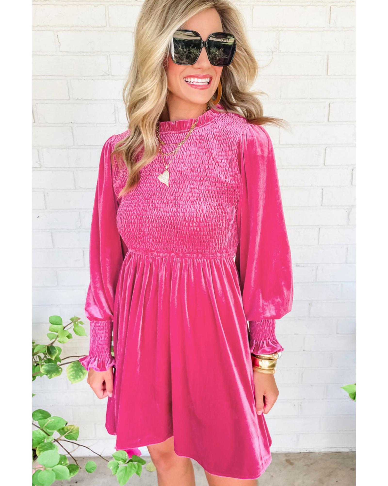 V539-AZEXDC6118065-P6-L-202508291405-00 Rose Frilled Neck Smocked Bodice Velvet Dress - L - Image 1