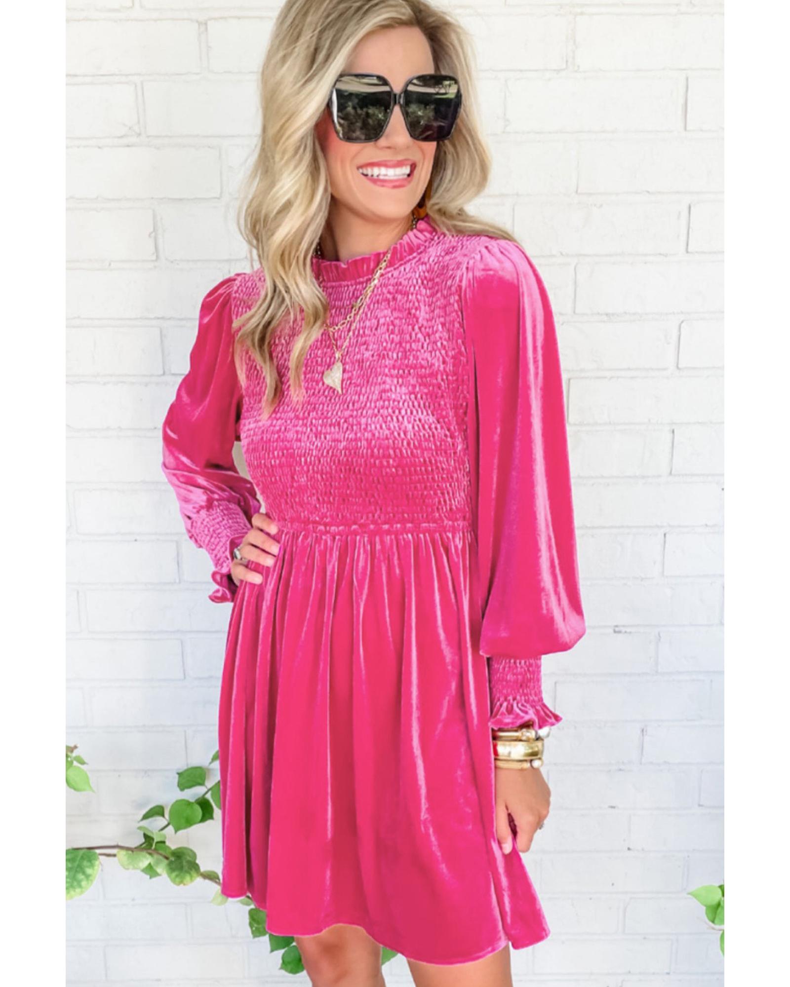 V539-AZEXDC6118065-P6-XL-202508291805-00 Rose Frilled Neck Smocked Bodice Velvet Dress - XL - Image 1