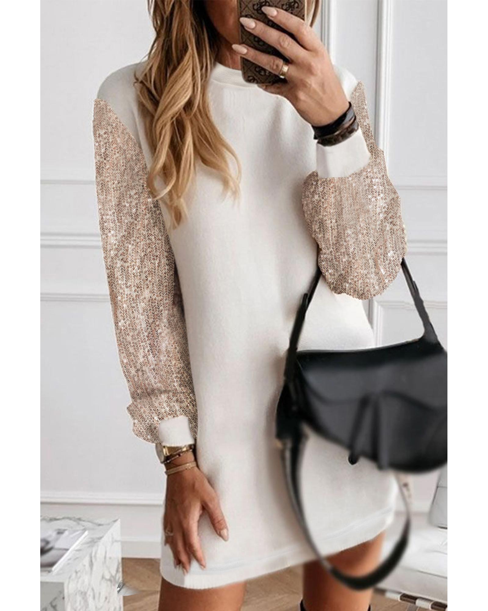 V539-AZEXDC6118222-P1-M-202508280920-00 White Sequin Puff Sleeve Shift Mini Dress - M - Image 1
