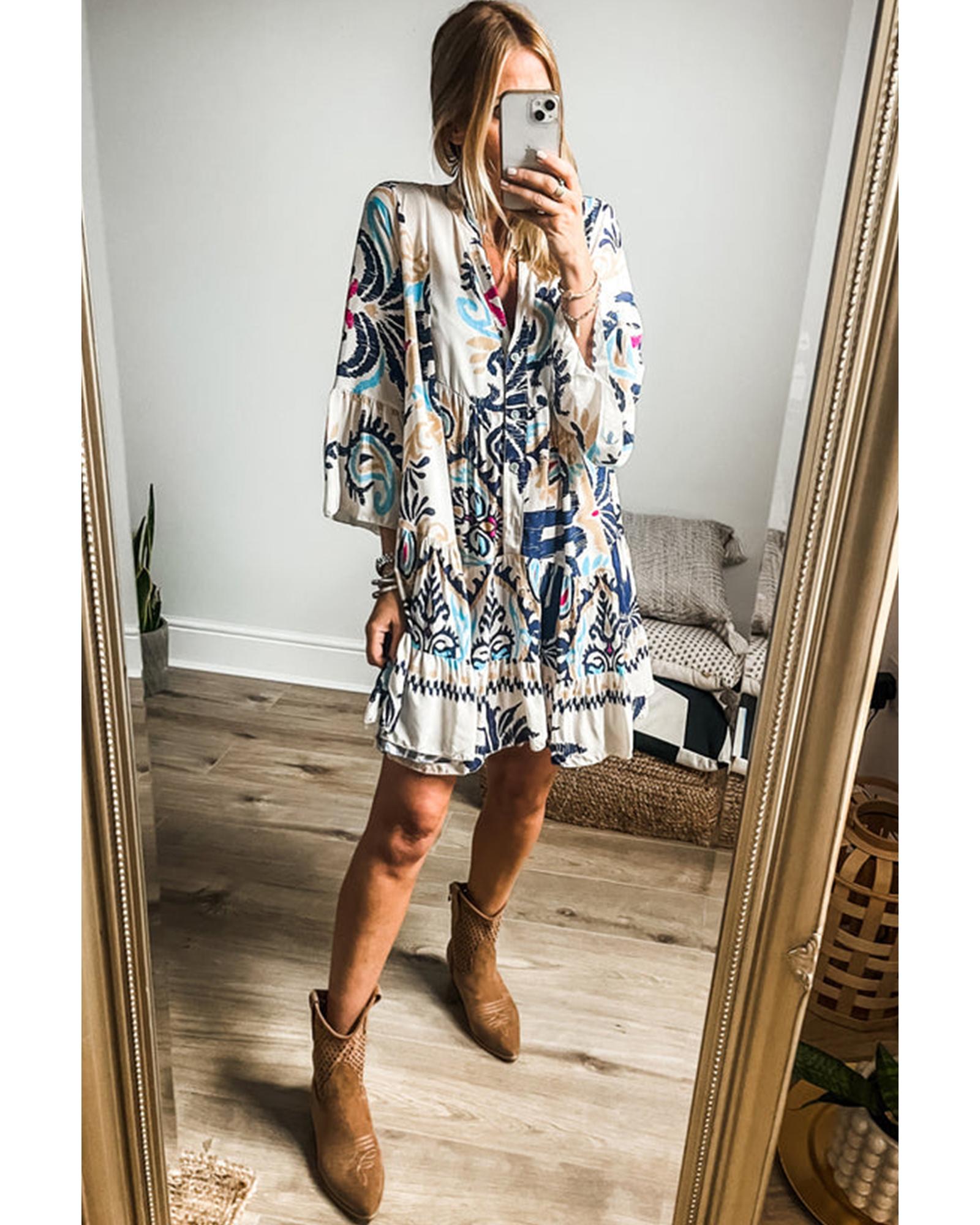 V539-AZEXDC6118388-P120-S-202508300235-00 White Printed Tribal Print Bracelet Sleeve Buttoned Mini Dress - S - Image 1