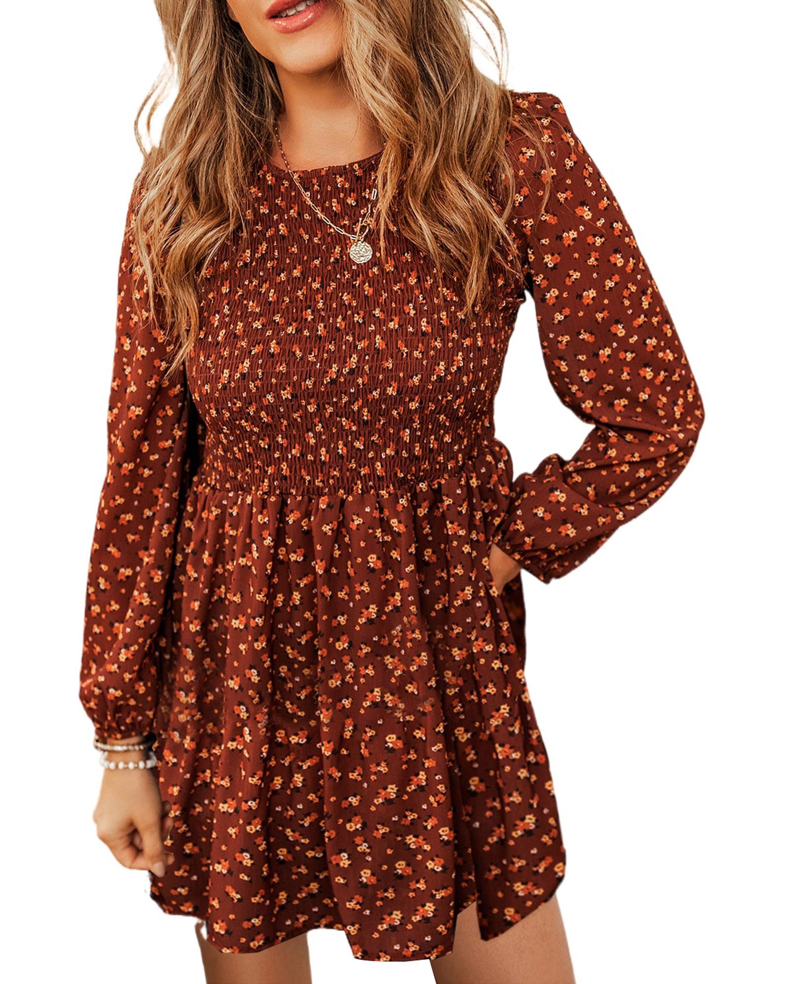 V539-AZEXDC6118756-P1720-M-202508280620-00 Brown Floral Smocked Bodice Mini Dress - M - Image 1