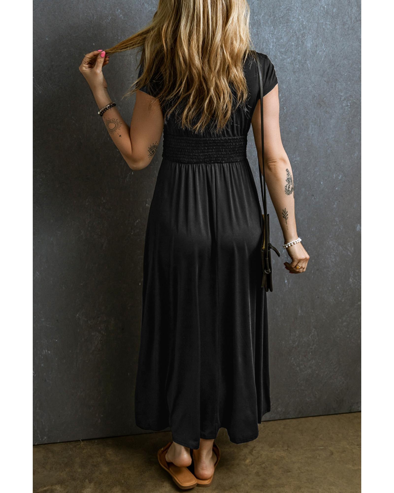 V539-AZEXDC6118843-P2-S-202506141331-00 Black Short Sleeve Shirred High Waist V Neck Maxi Dress - S - Image 1