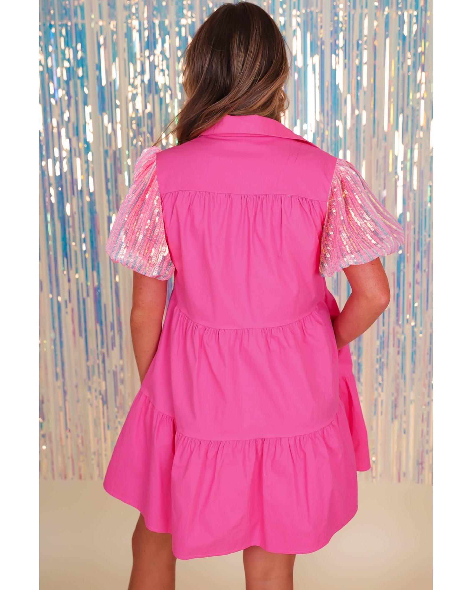 V539-AZEXDC6118945-P3010-M-202508282115-00 Bonbon Sequined Bubble Sleeve Tiered Ruffled Shirt Dress - M - Image 1