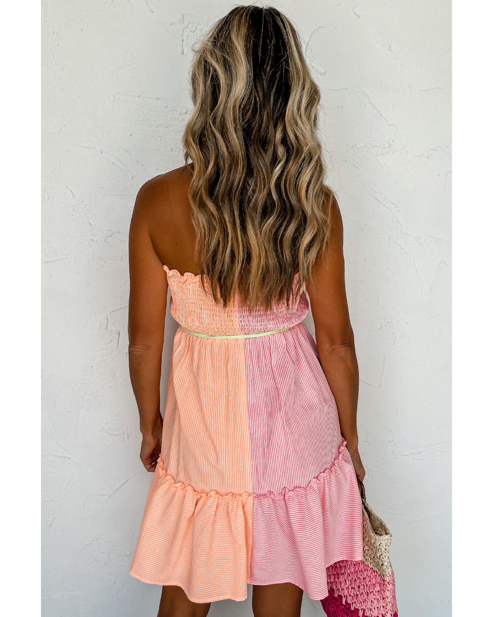 V539-AZEXDC6119007-P1019-XL-202508291935-00 Pink Stripe Color Block Smocked Button Front Frilled Strapless Mini Dress - XL - Image 1
