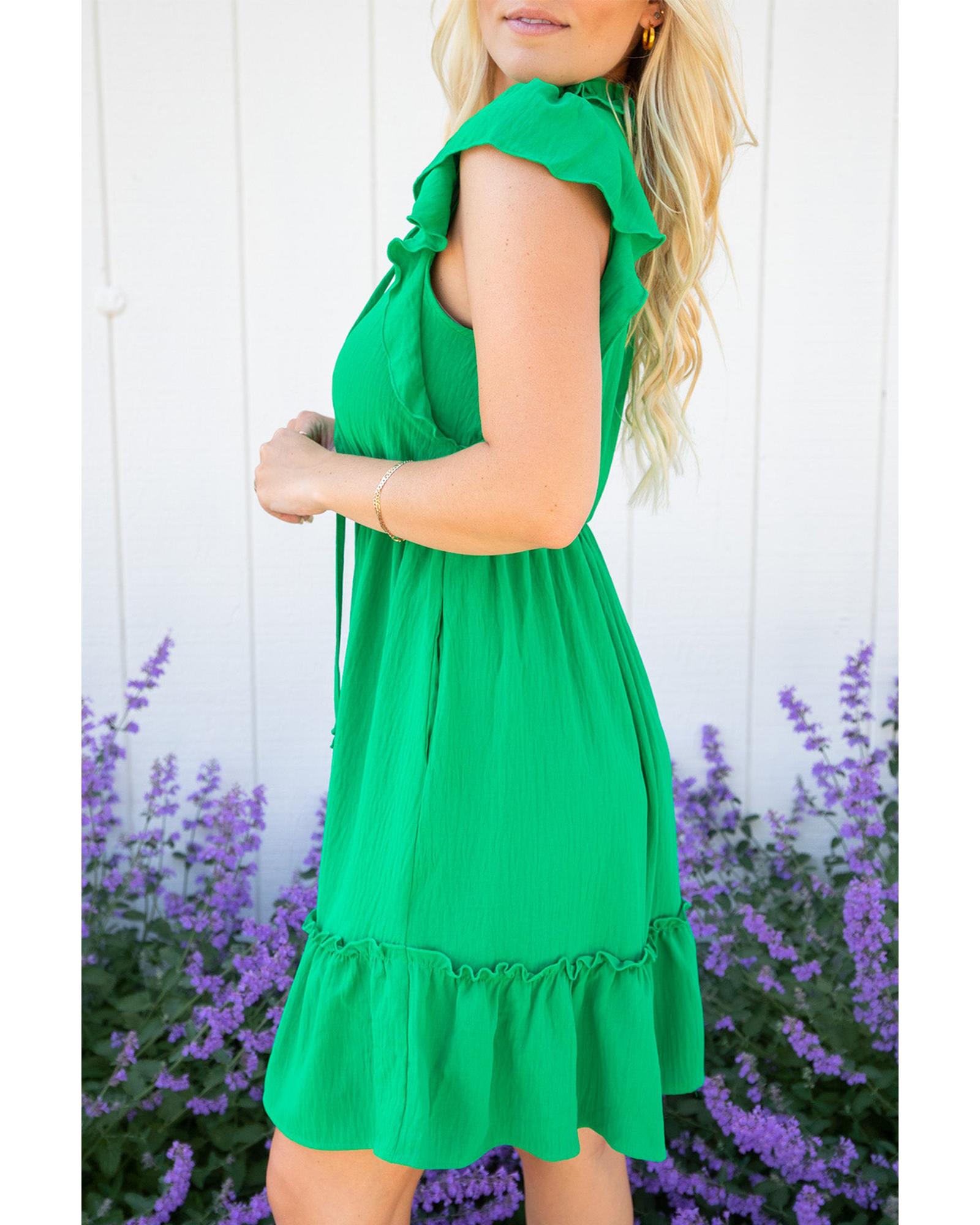 V539-AZEXDC6119024-P109-L-202508290210-00 Bright Green Split V Neck Elastic Waist Ruffled Dress - L - Image 1