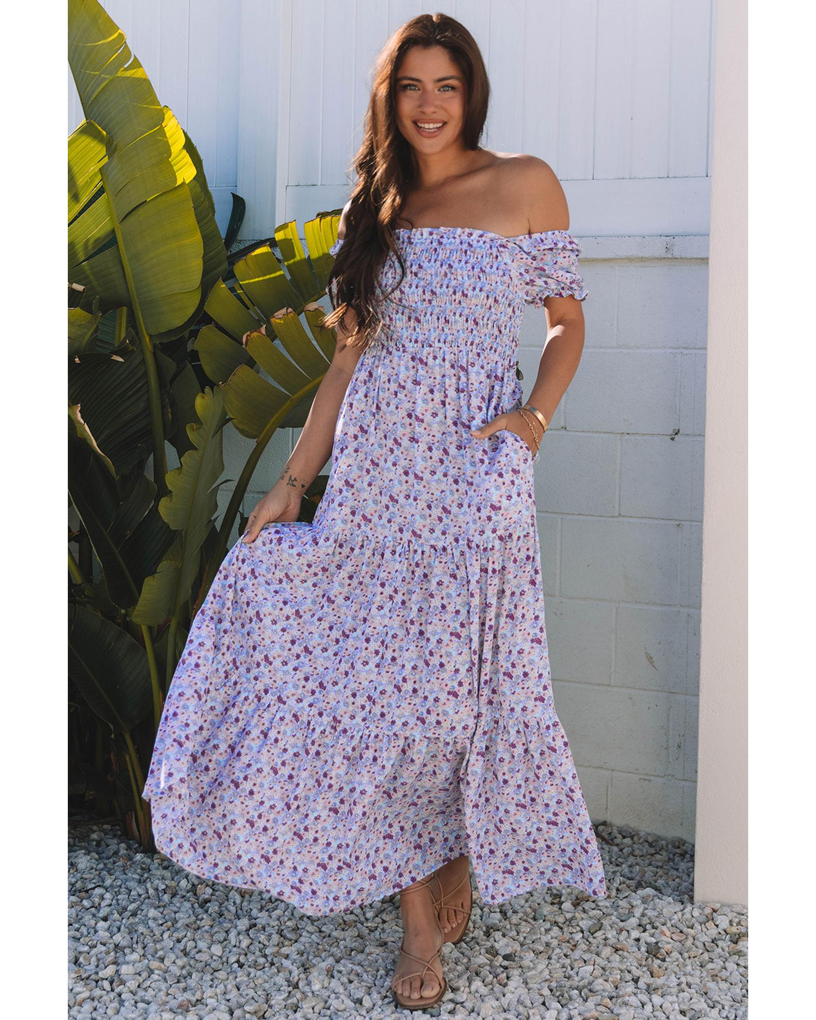 V539-AZEXDC6119041-P820-S-202506141442-00 Purple Floral Short Bubble Sleeve Shirred High Waist Maxi Dress - S - Image 1