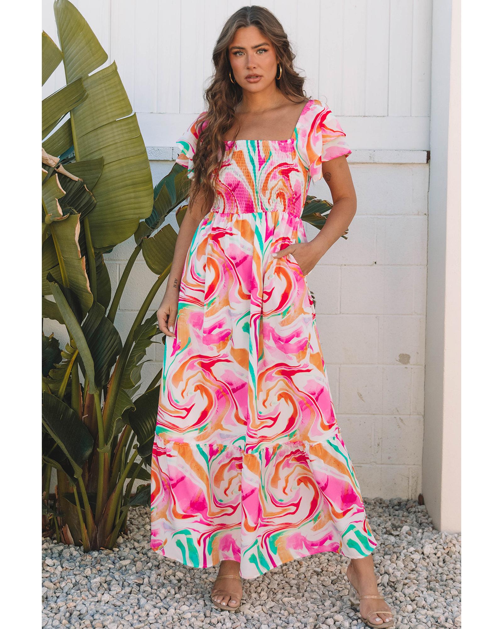V539-AZEXDC6119145-P1022-S-202508280910-00 Pink Abstract Print Ruffled Sleeve Smocked Bust Maxi Dress - S - Image 1
