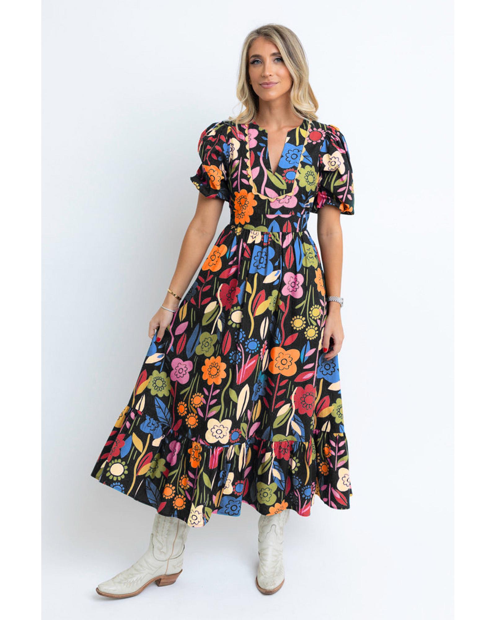 V539-AZEXDC6119372-P222-S-202506141117-00 Black Retro Floral Printed Split Neck Maxi Dress - S - Image 1