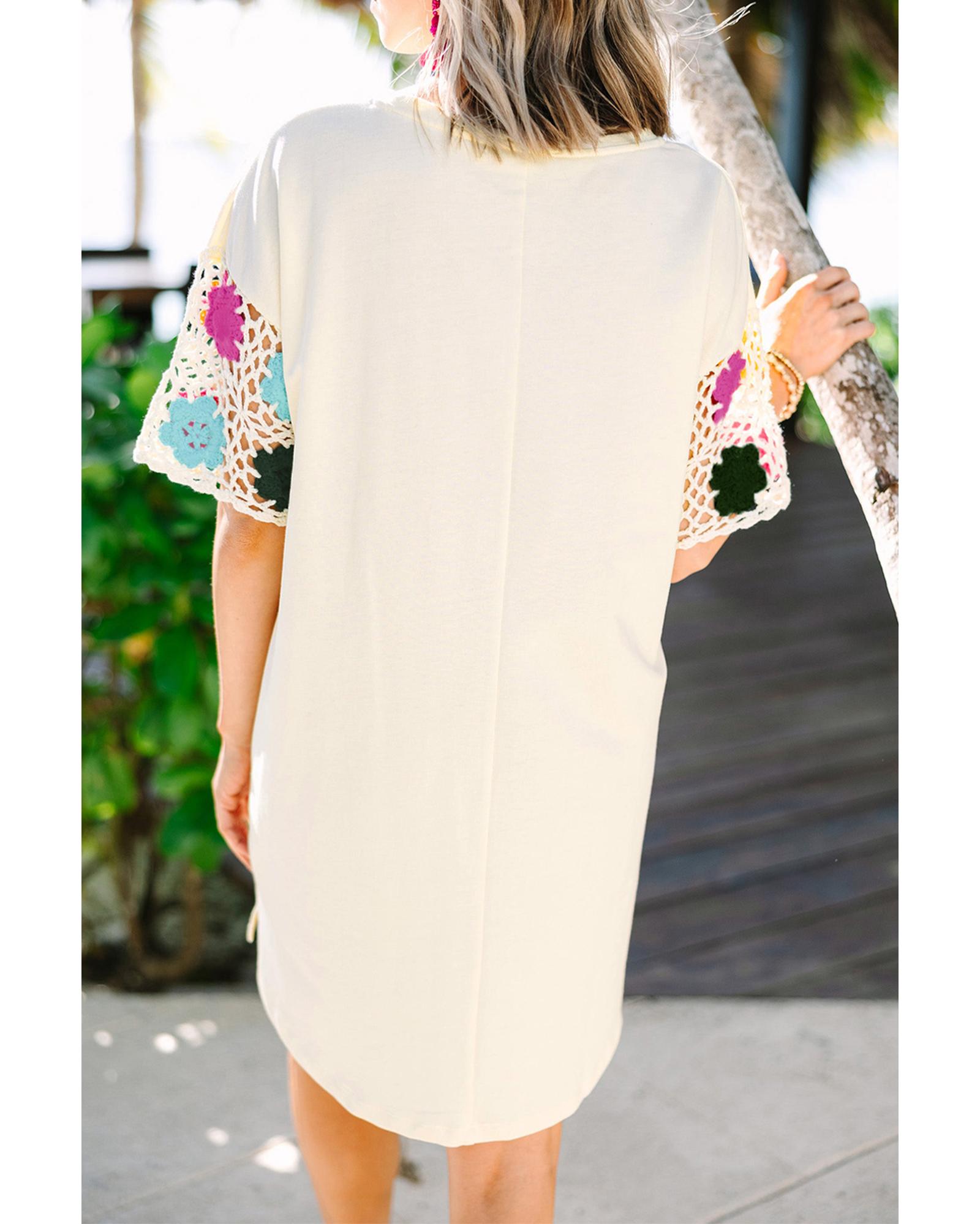 V539-AZEXDC6119394-P101-M-202508291445-00 White Floral Crochet Splicing Sleeve T Shirt Dress - M - Image 1