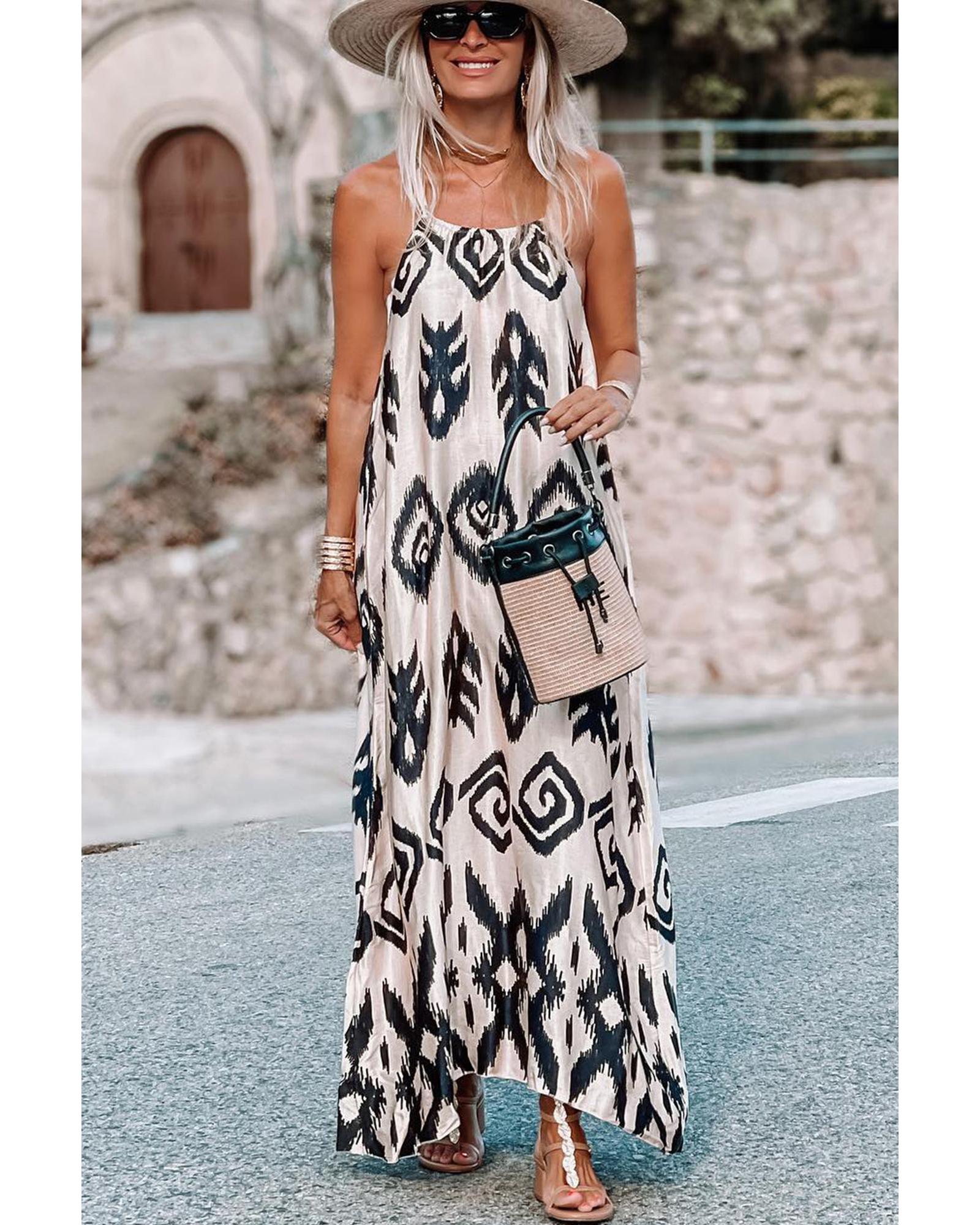 V539-AZEXDC6119591-P220-S-202506141141-00 Black Western Aztec Printed Fashion Vacation Sundress - S - Image 1