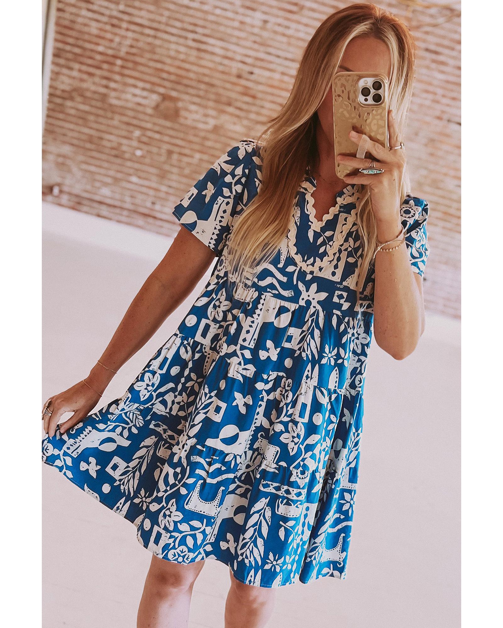 V539-AZEXDC6120053-P520-S-202506141253-00 Blue Ricrac Trim Split Neck Floral Loose Dress - S - Image 1