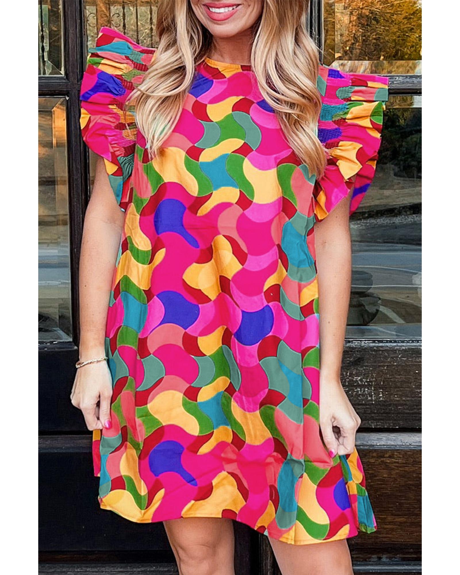 V539-AZEXDC6120209-P622-S-202506141327-00 Rose Red Abstract Print Ruffle Sleeve Shift Dress - S - Image 1