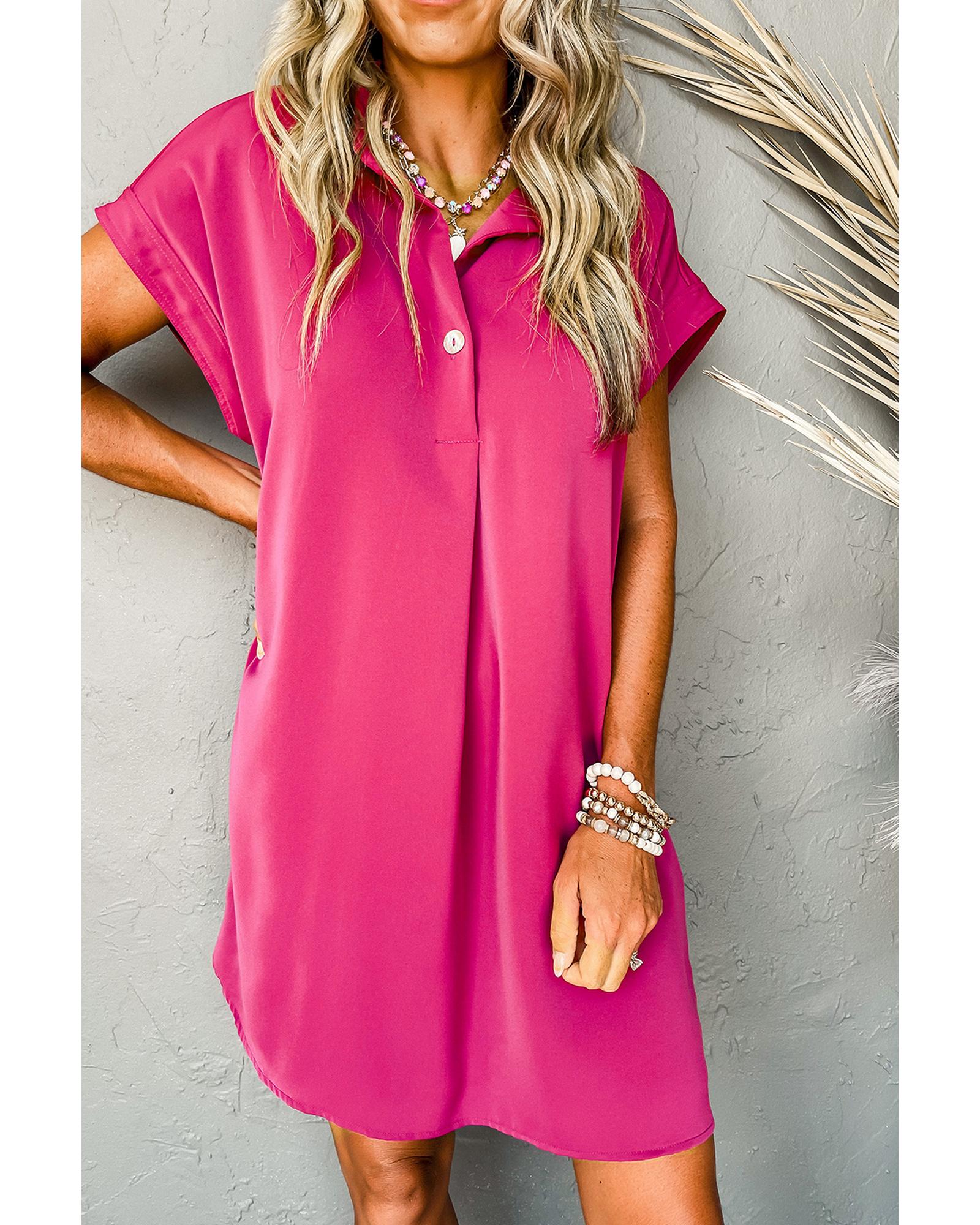 V539-AZEXDC6120277-P6-L-202508300615-00 Rose Red Buttoned Collar Shift T-shirt Mini Dress - L - Image 1