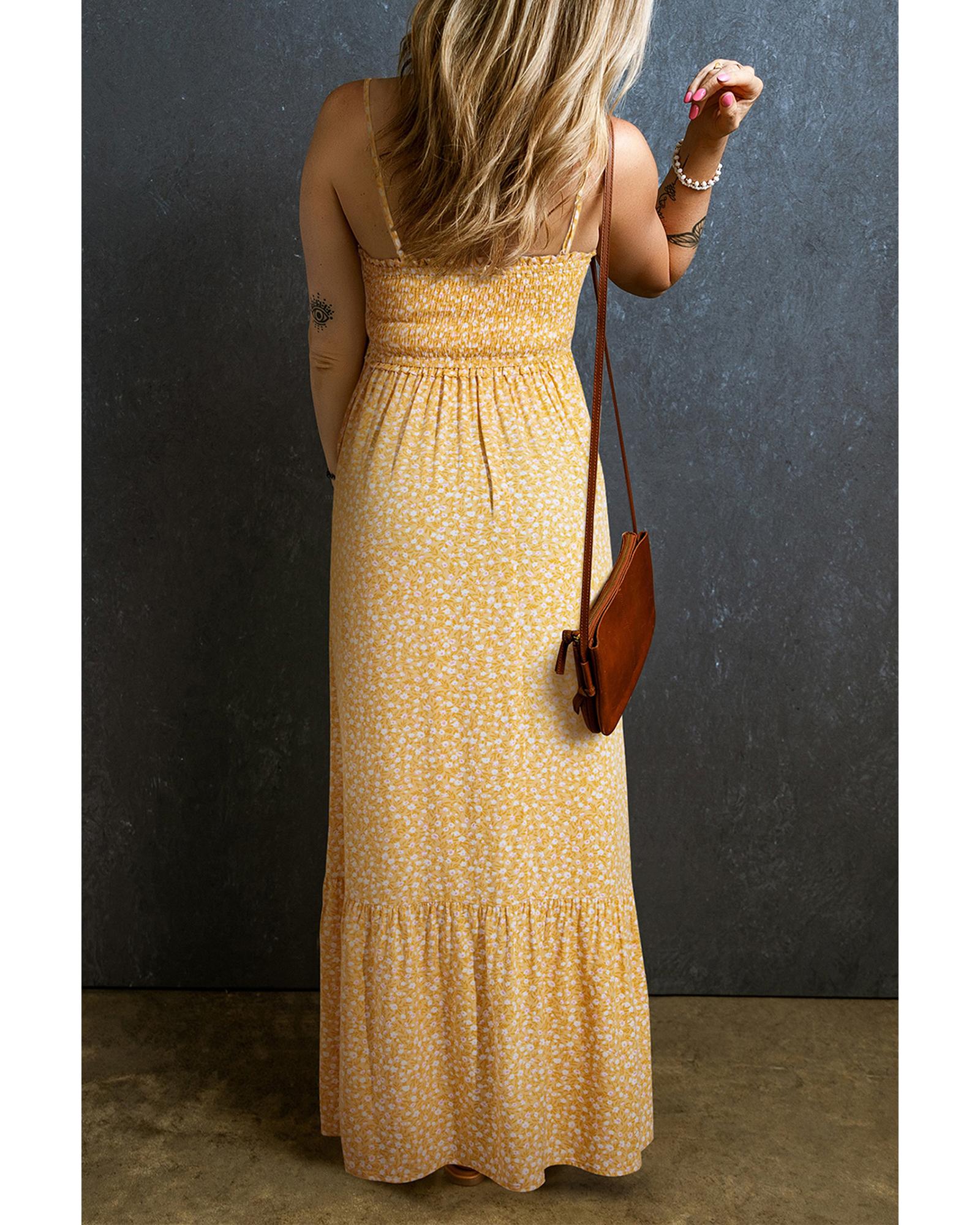 V539-AZEXDC6120648-P720-M-202508281110-00 Yellow Frilly Smocked High Waist Floral Maxi Dress - M - Image 1