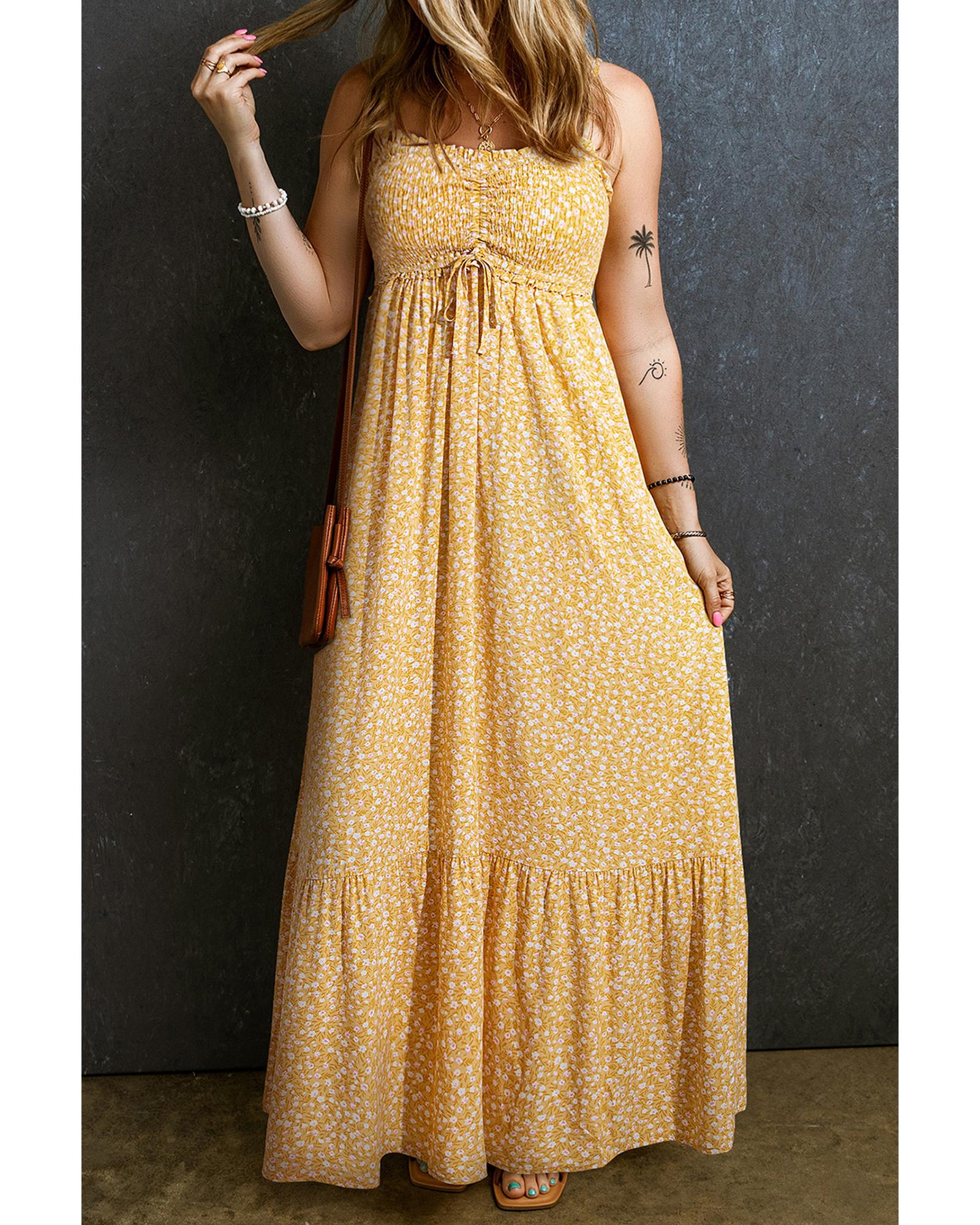 V539-AZEXDC6120648-P720-S-202506141931-00 Yellow Frilly Smocked High Waist Floral Maxi Dress - S - Image 1