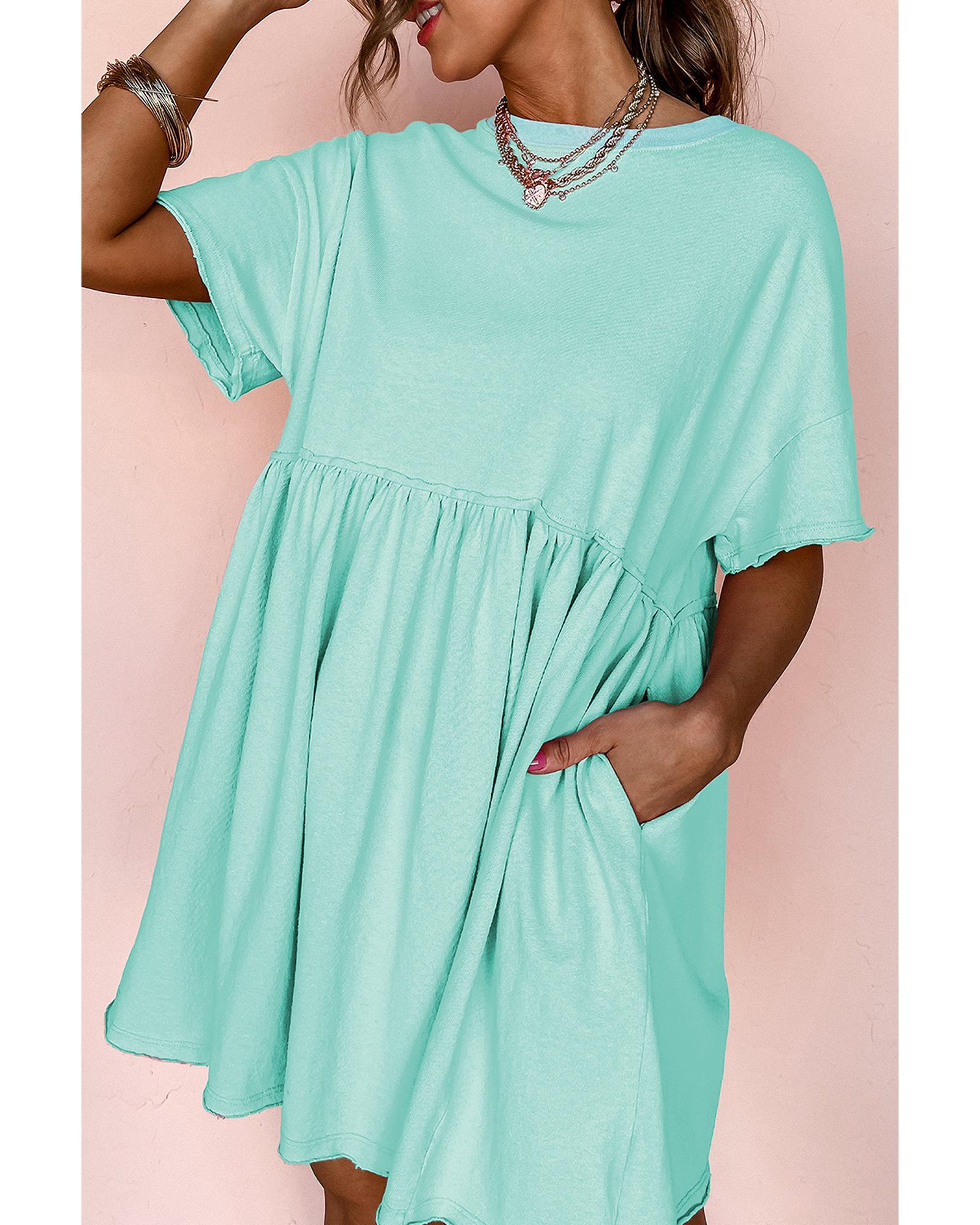 V539-AZEXDC6120695-P2209-XL-202508300435-00 Moonlight Jade Solid Color Pocketed Raw Edge Babydoll Dress - XL - Image 1